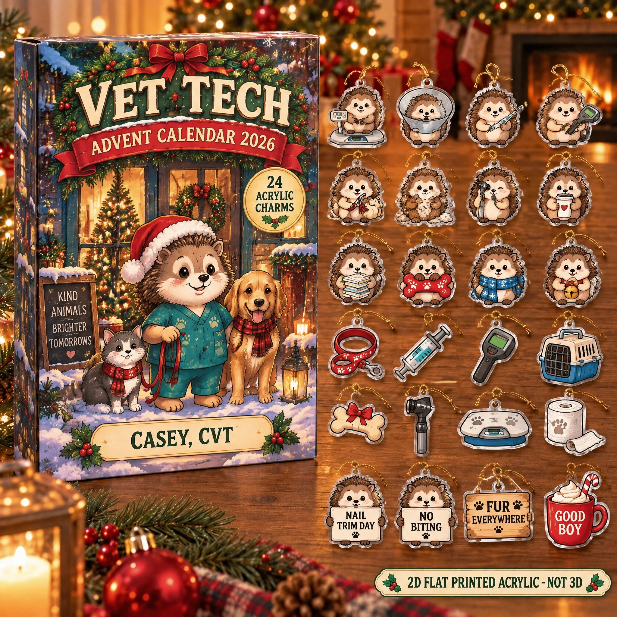 Personalized Vet Tech Hedgehog advent calendar box with 24 flat acrylic Christmas charms