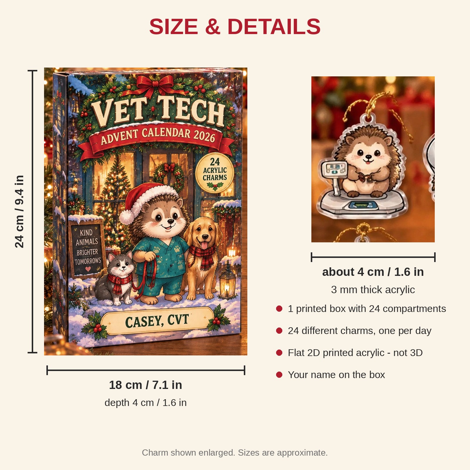 Personalized Vet Tech Hedgehog advent calendar box with 24 flat acrylic Christmas charms: box and charm sizes