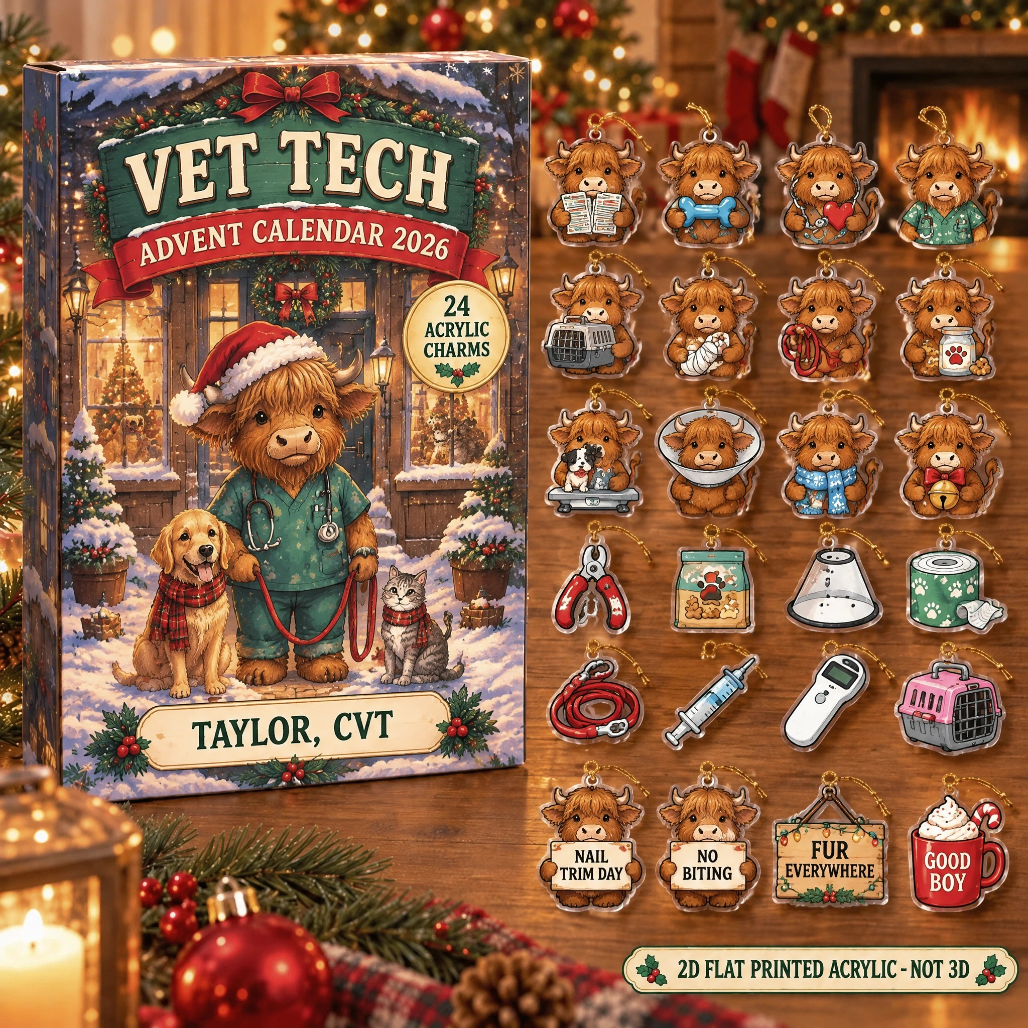 Personalized Vet Tech Highland Cow advent calendar box with 24 flat acrylic Christmas charms
