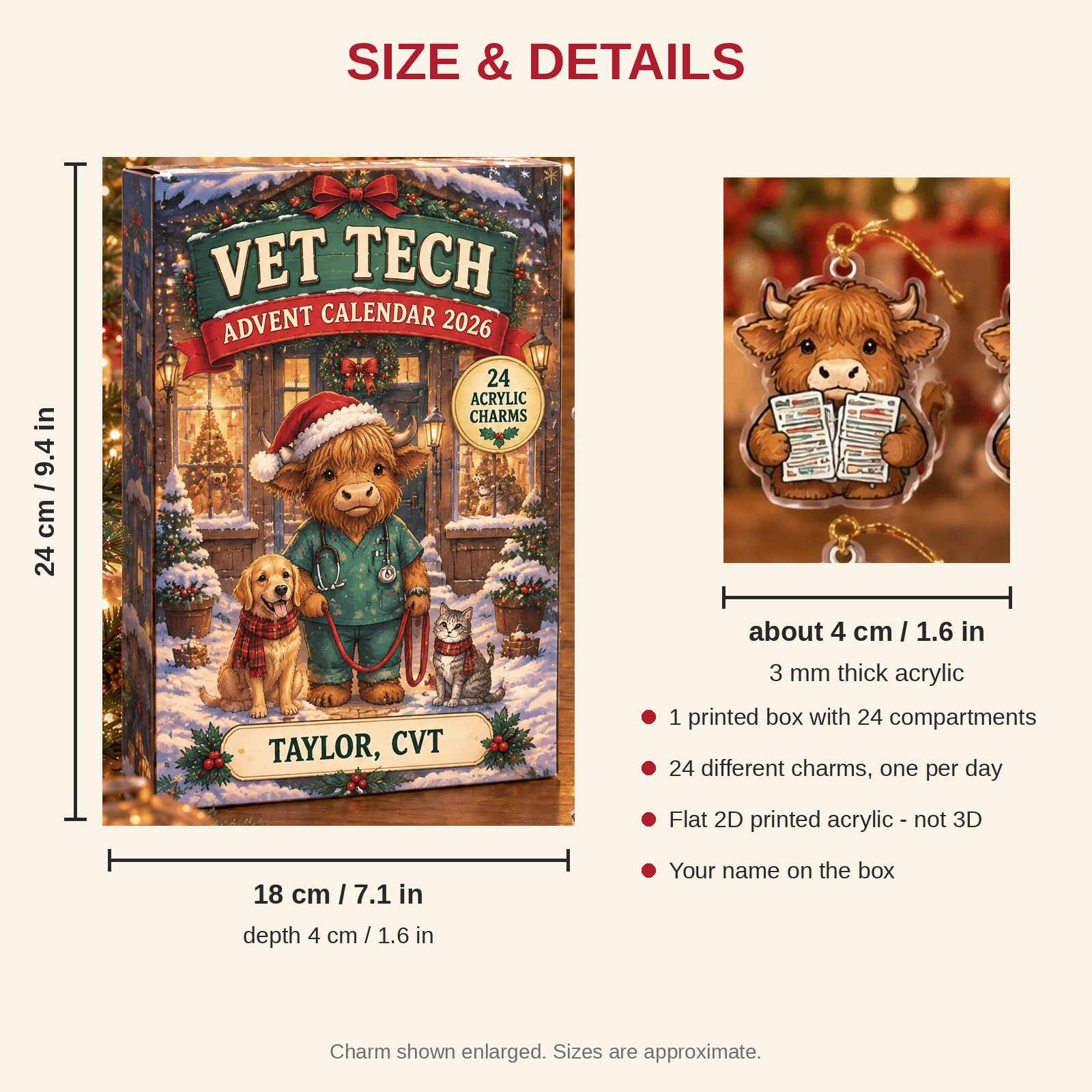 Personalized Vet Tech Highland Cow advent calendar box with 24 flat acrylic Christmas charms: box and charm sizes