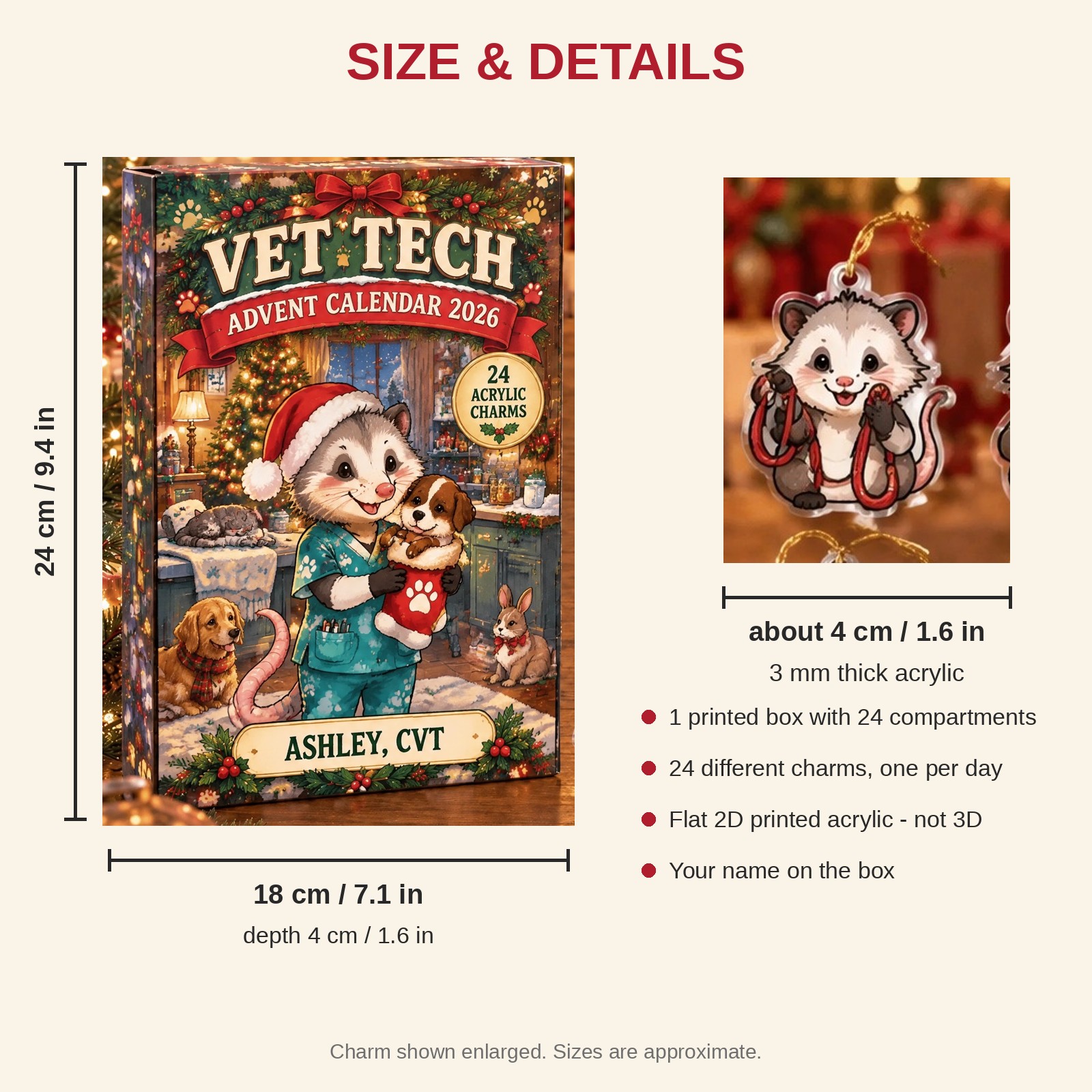Personalized Vet Tech Opossum advent calendar box with 24 flat acrylic Christmas charms: box and charm sizes