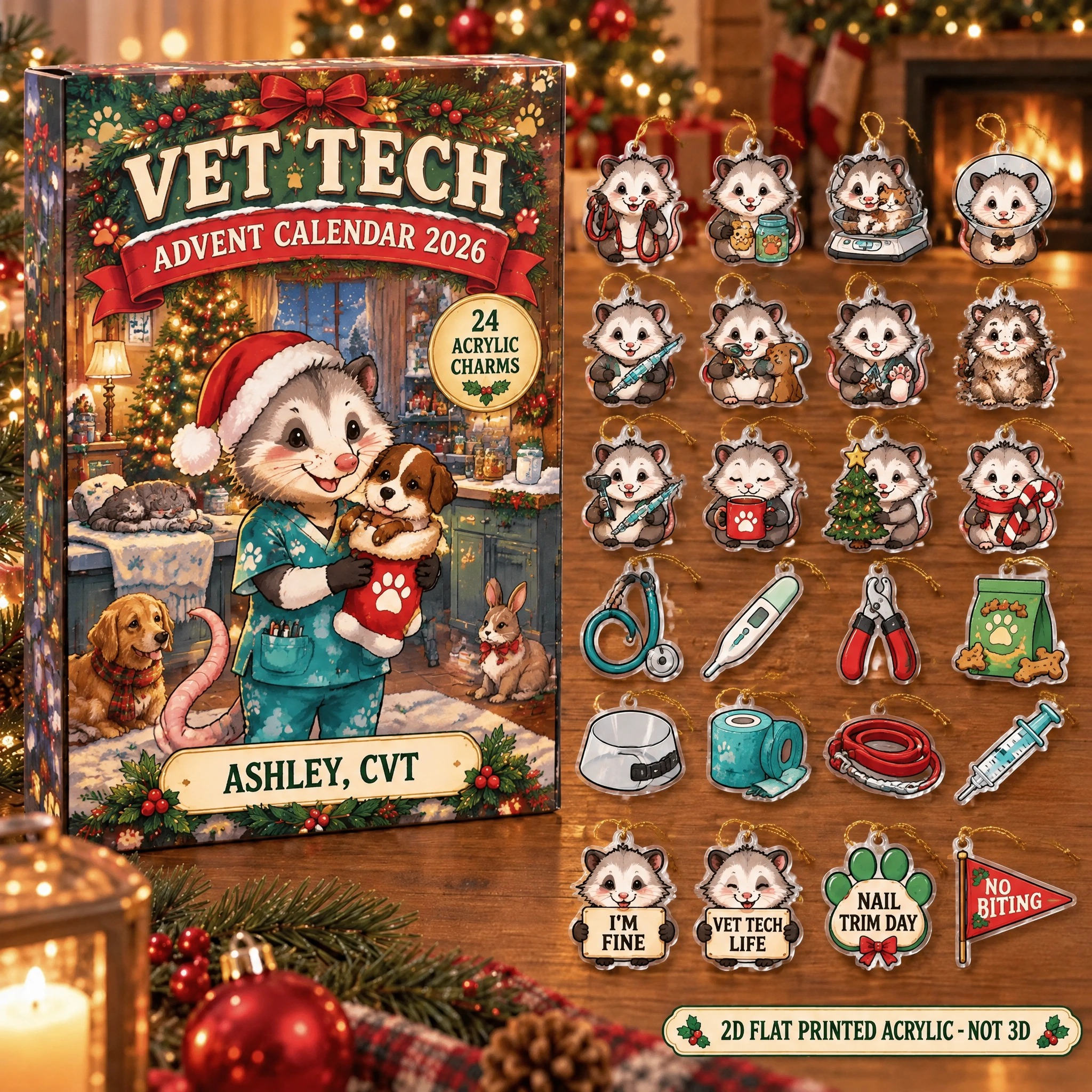 Personalized Vet Tech Opossum advent calendar box with 24 flat acrylic Christmas charms