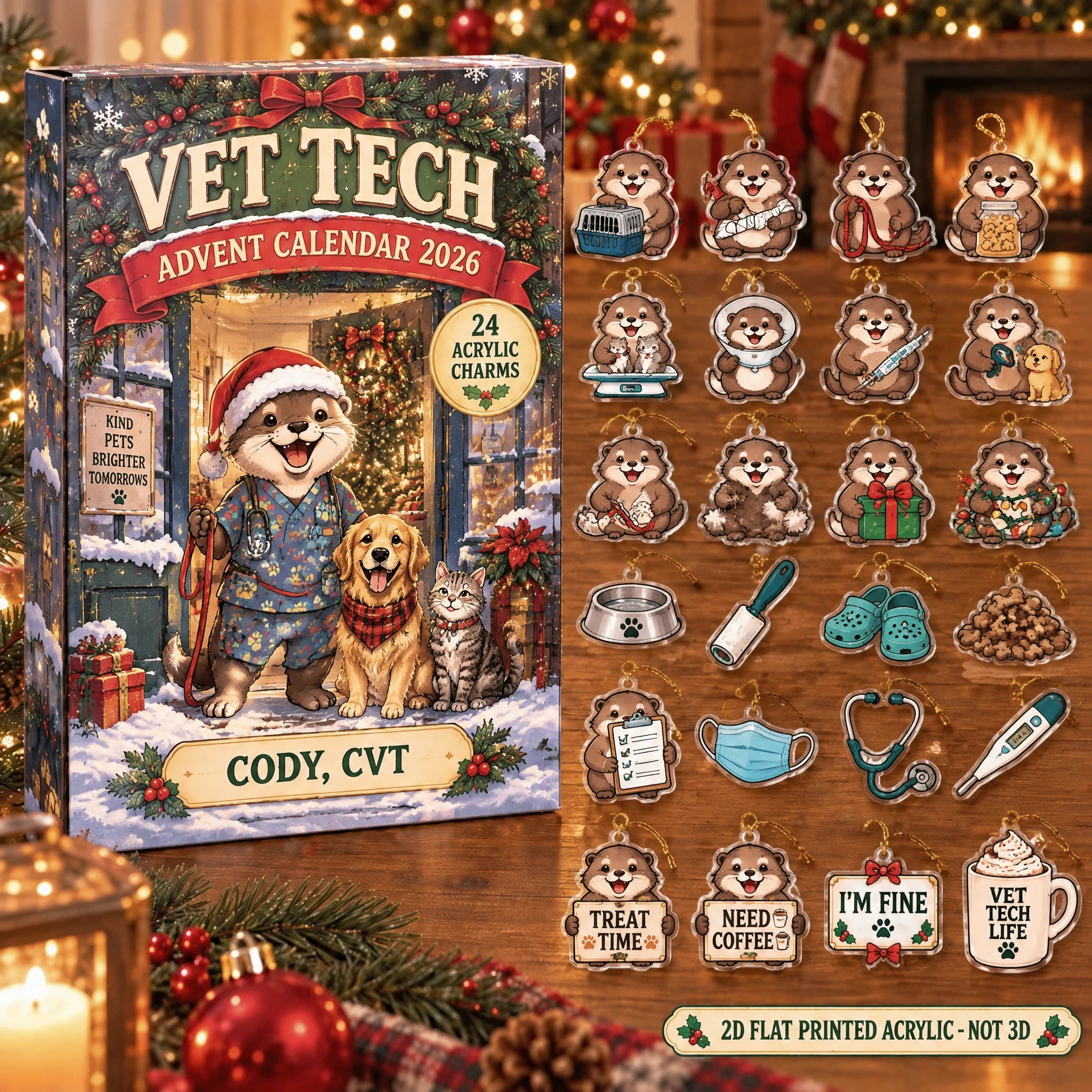 Personalized Vet Tech Otter advent calendar box with 24 flat acrylic Christmas charms