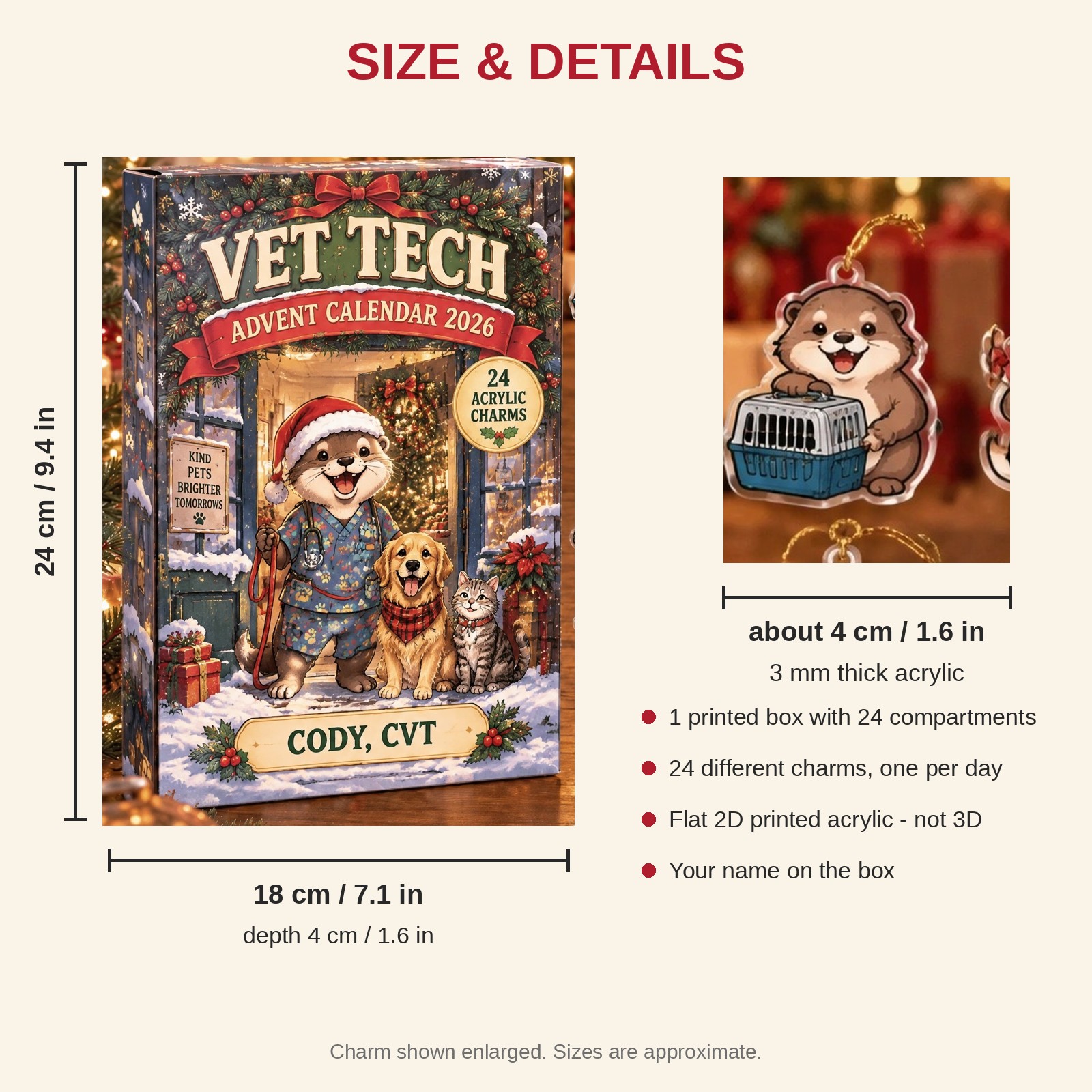 Personalized Vet Tech Otter advent calendar box with 24 flat acrylic Christmas charms: box and charm sizes