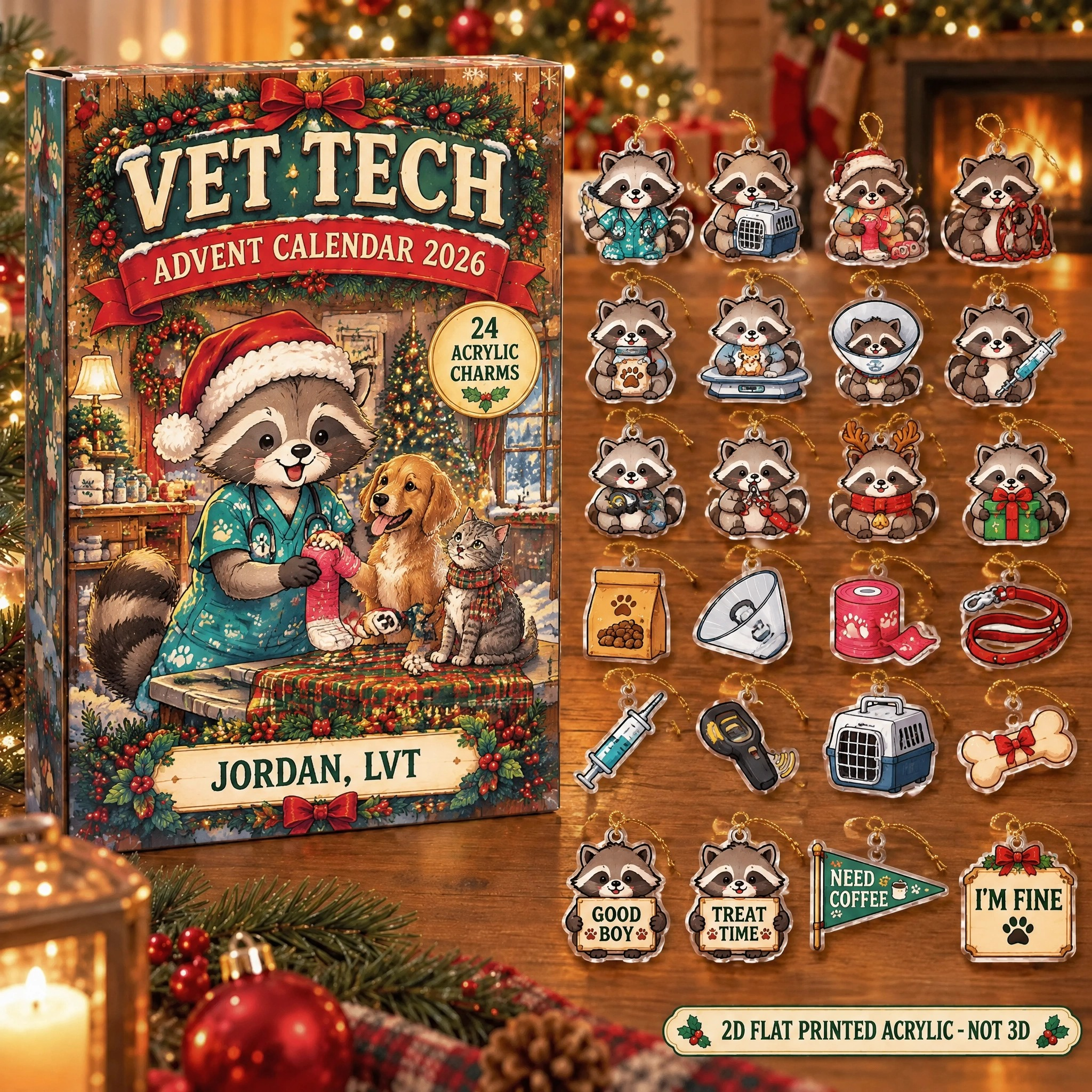 Personalized Vet Tech Raccoon advent calendar box with 24 flat acrylic Christmas charms