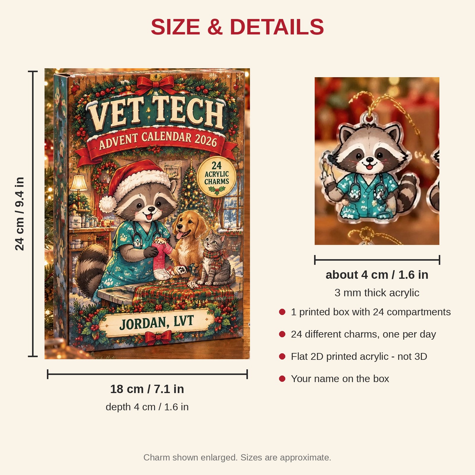 Personalized Vet Tech Raccoon advent calendar box with 24 flat acrylic Christmas charms: box and charm sizes
