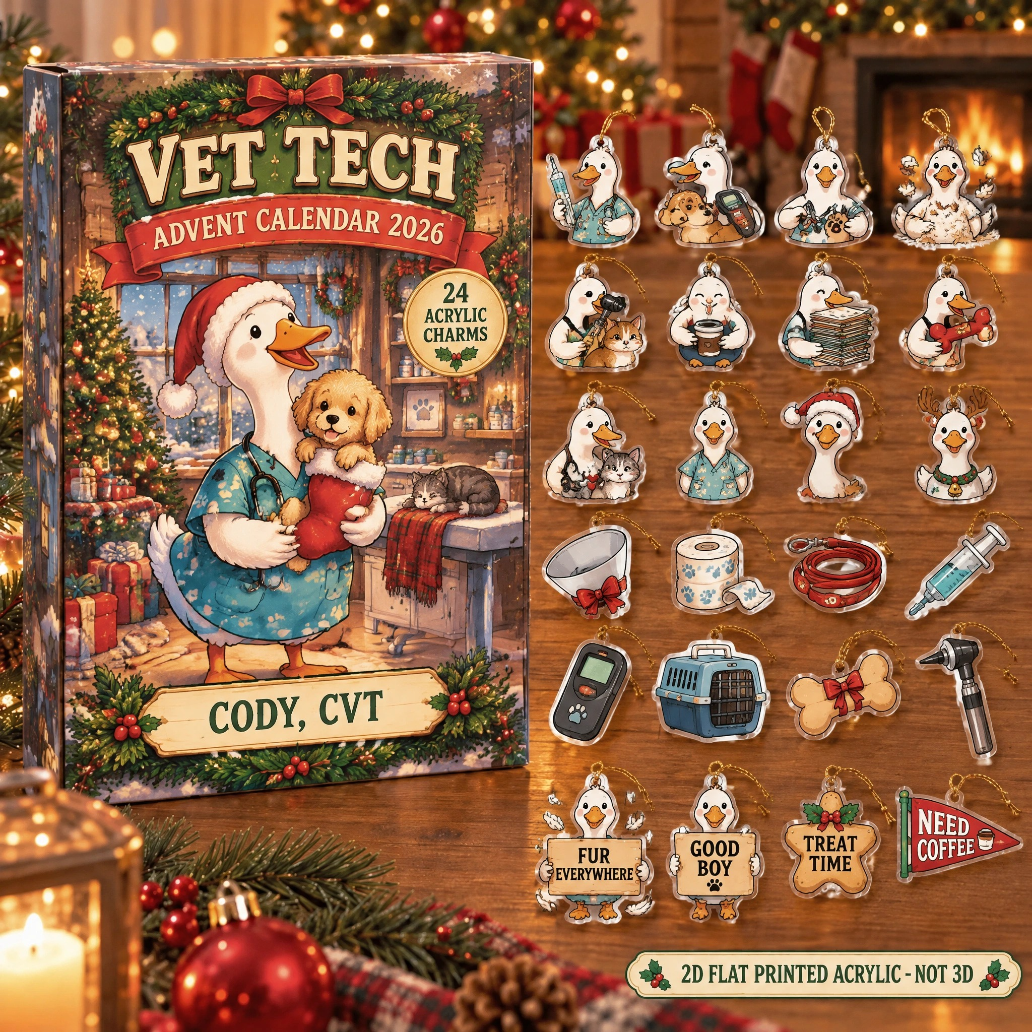 Personalized Vet Tech Silly Goose advent calendar box with 24 flat acrylic Christmas charms