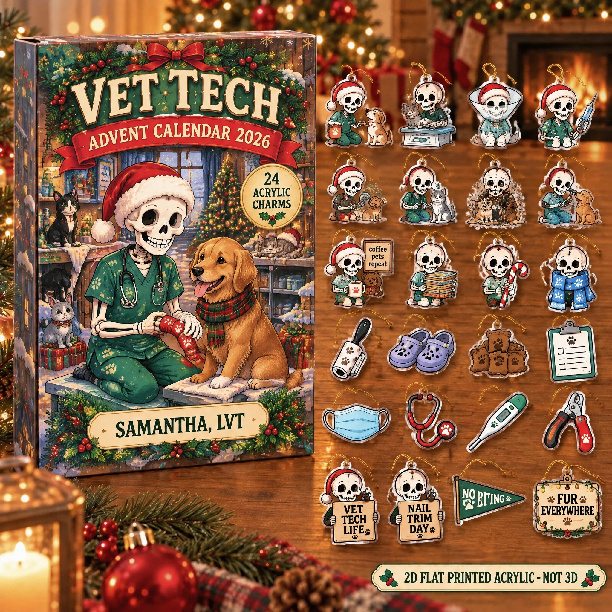 Personalized Vet Tech Skeleton advent calendar box with 24 flat acrylic Christmas charms