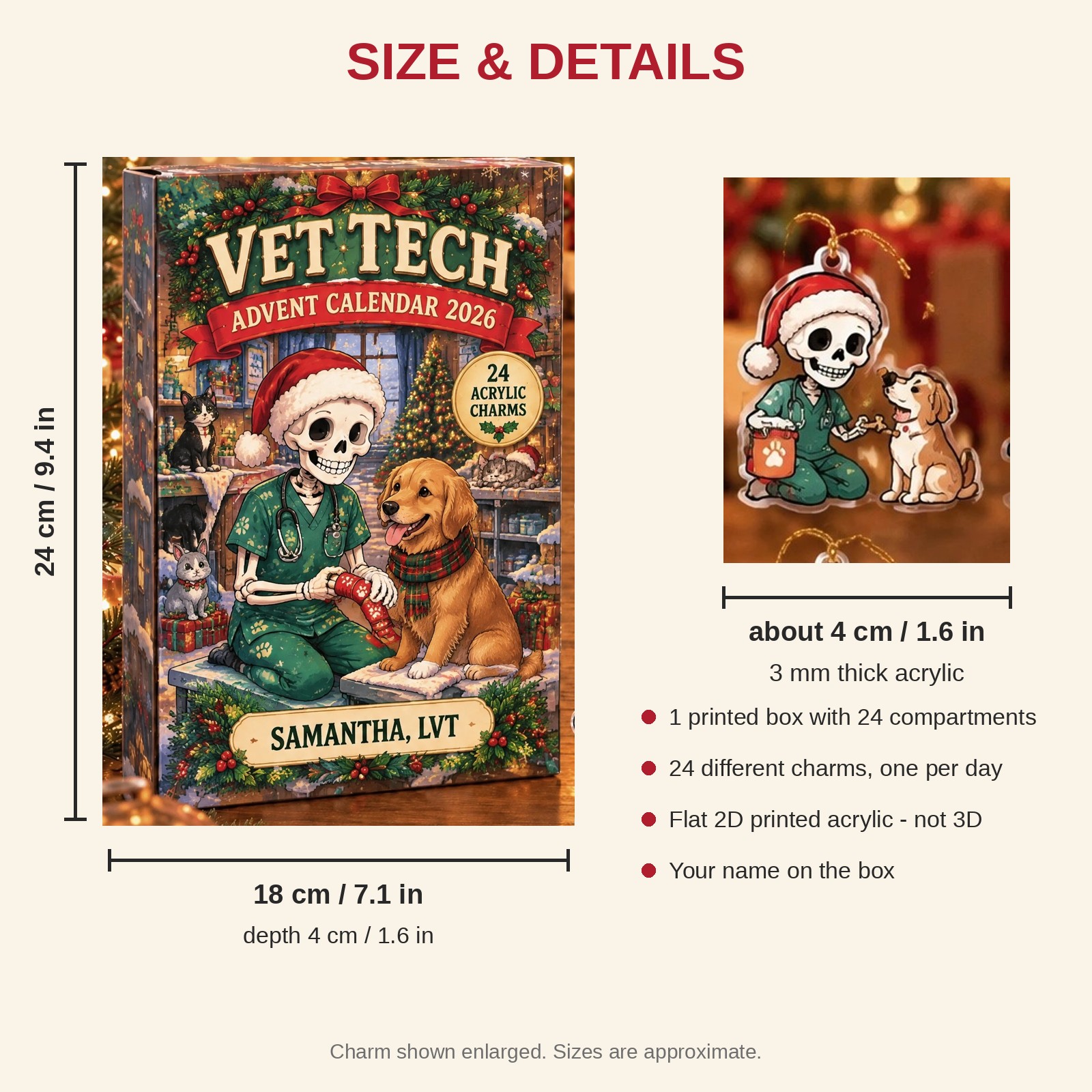 Personalized Vet Tech Skeleton advent calendar box with 24 flat acrylic Christmas charms: box and charm sizes