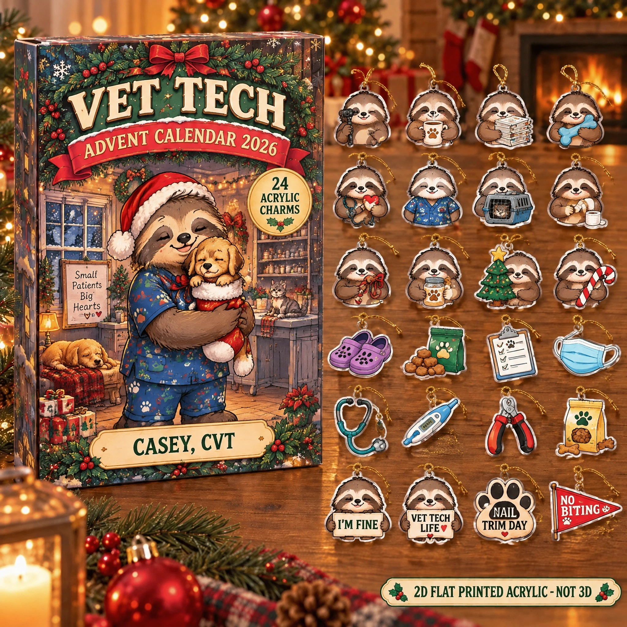 Personalized Vet Tech Sloth advent calendar box with 24 flat acrylic Christmas charms