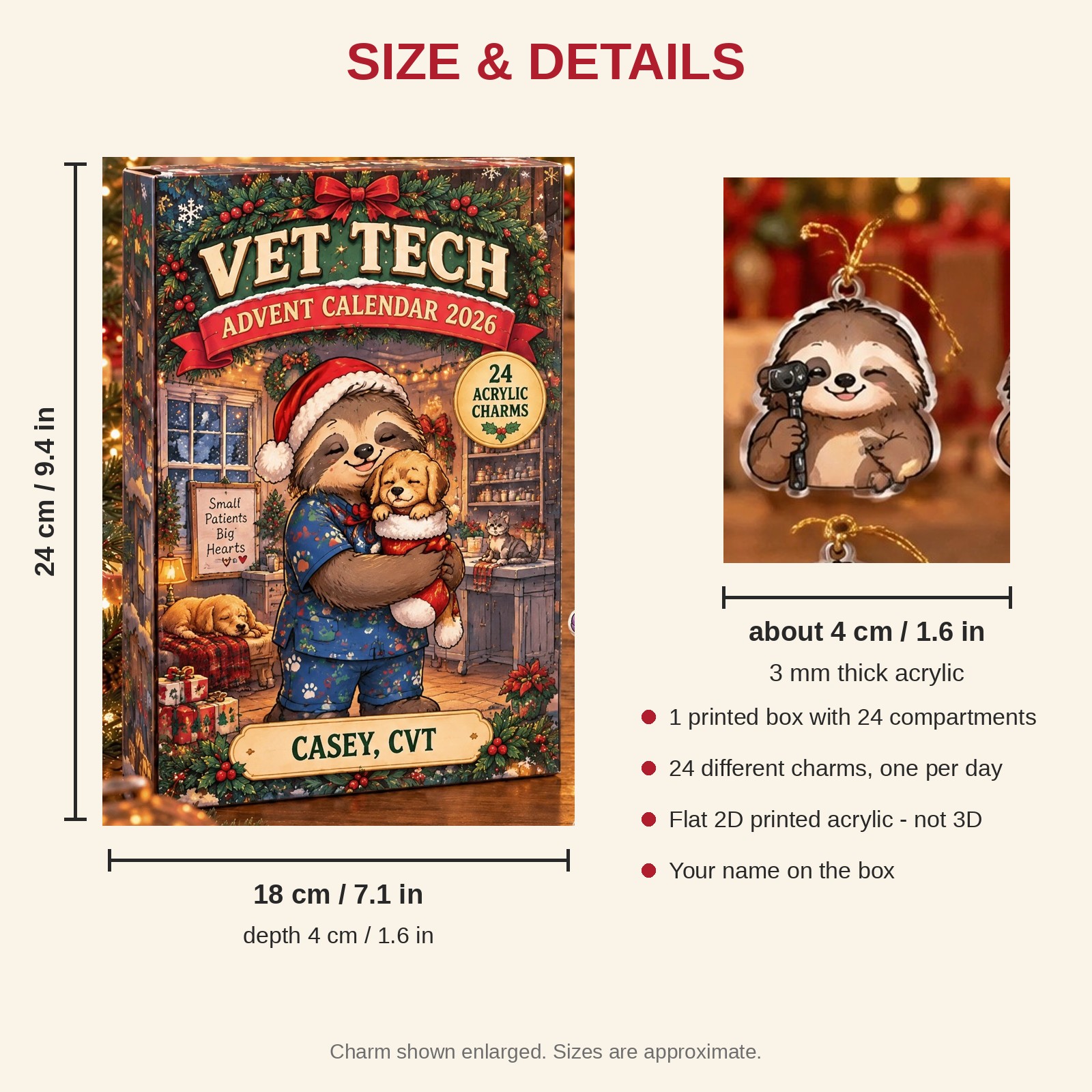 Personalized Vet Tech Sloth advent calendar box with 24 flat acrylic Christmas charms: box and charm sizes