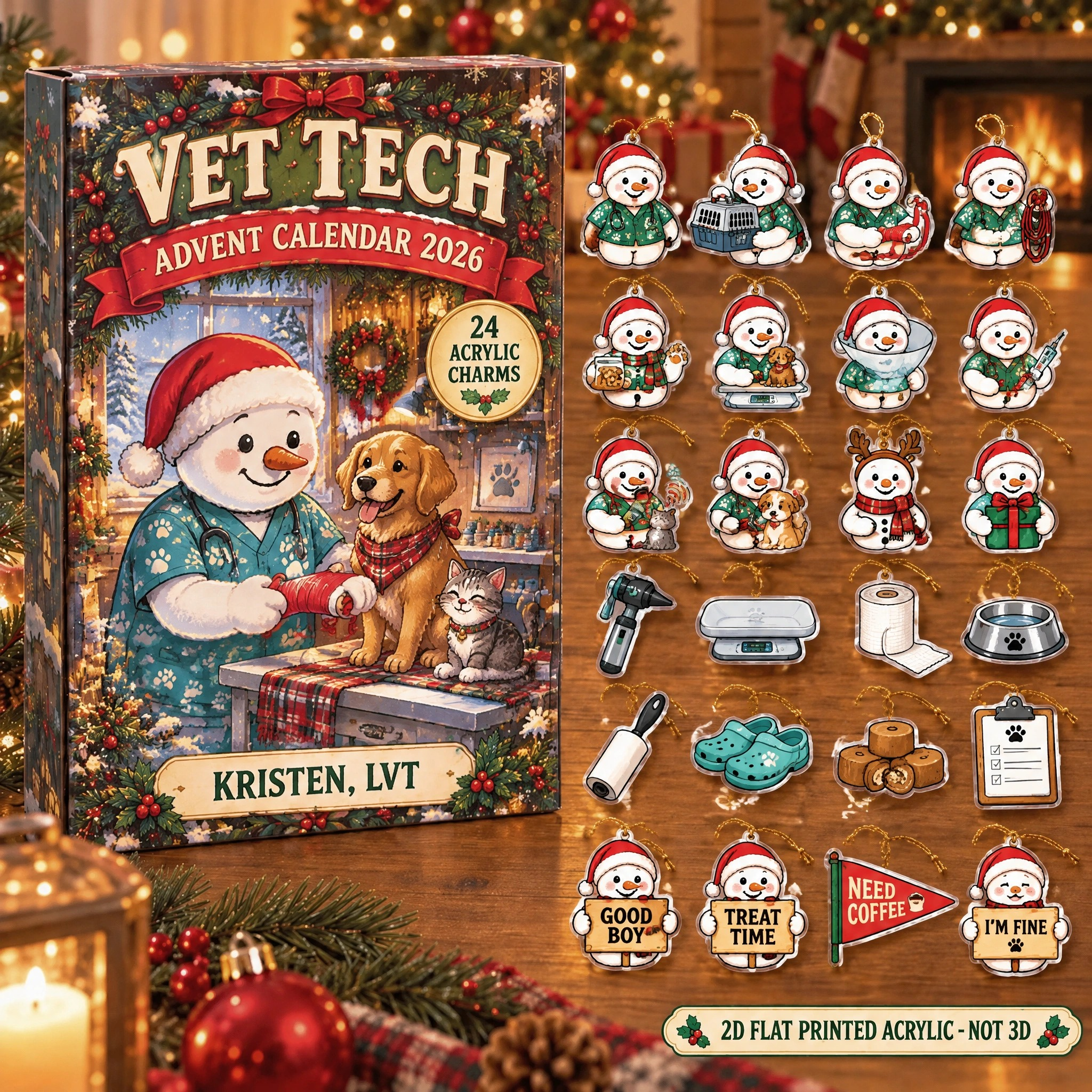 Personalized Vet Tech Snowman advent calendar box with 24 flat acrylic Christmas charms