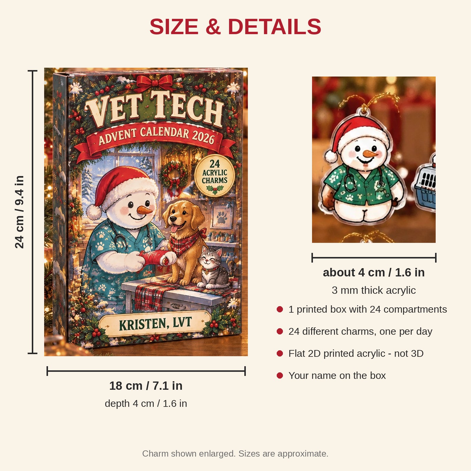Personalized Vet Tech Snowman advent calendar box with 24 flat acrylic Christmas charms: box and charm sizes