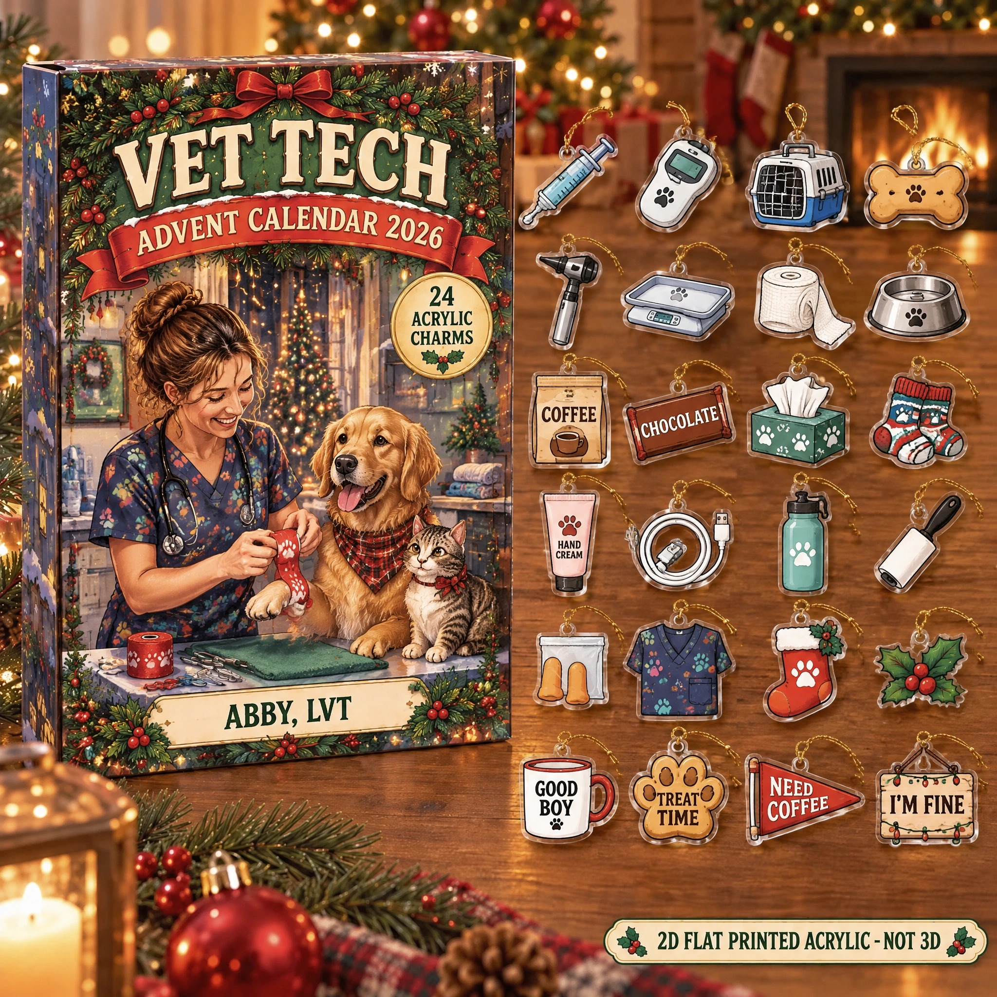 Personalized Vet Tech Survival Kit advent calendar box with 24 flat acrylic Christmas charms