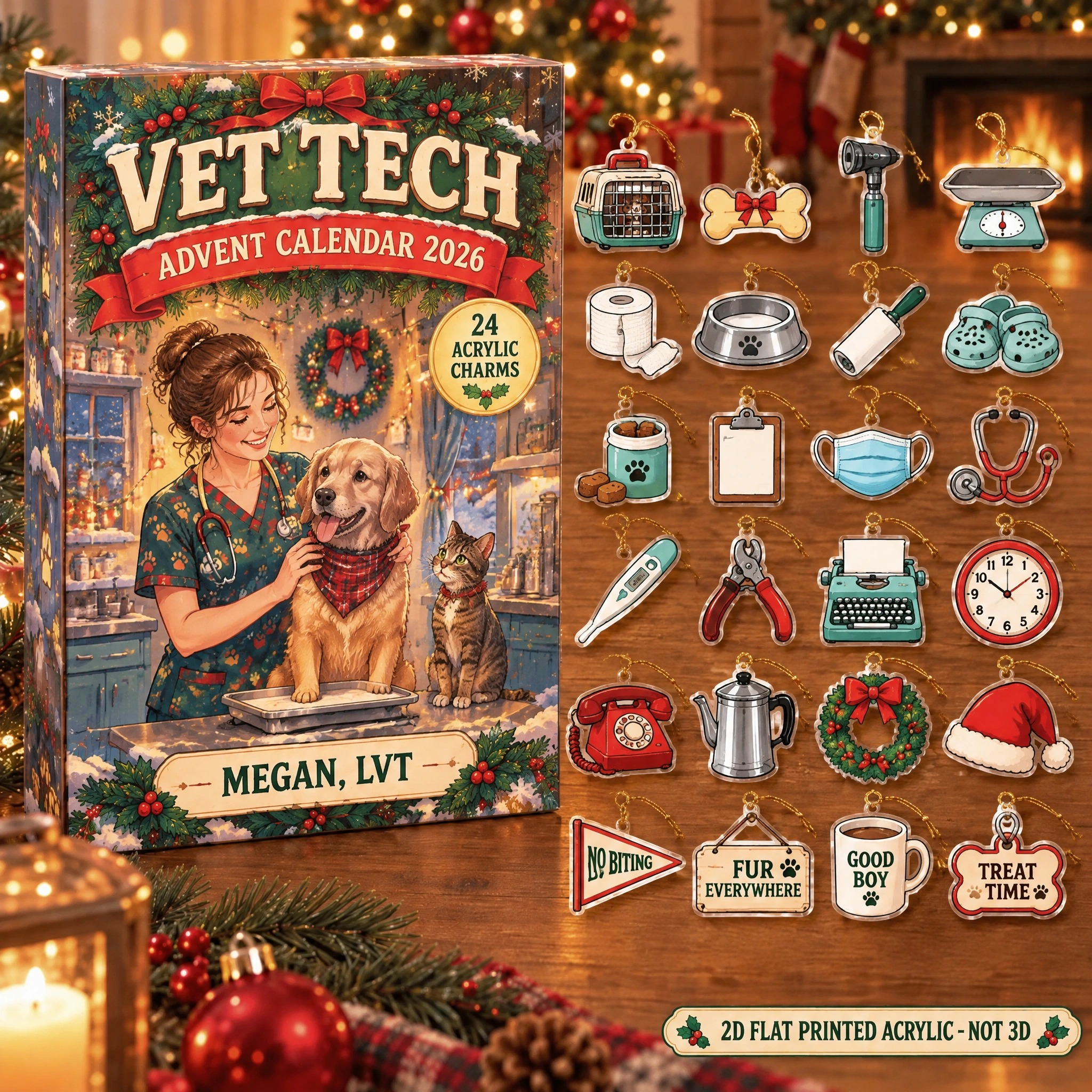 Personalized Vintage Vet Tech advent calendar box with 24 flat acrylic Christmas charms
