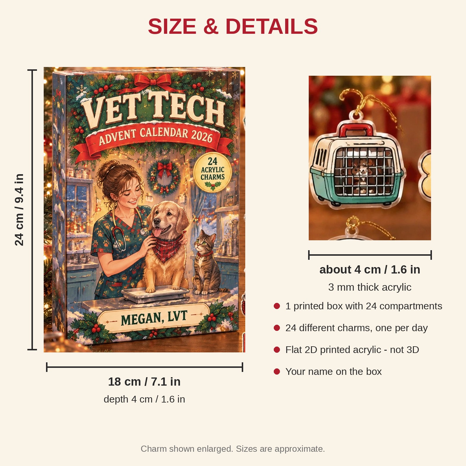 Personalized Vintage Vet Tech advent calendar box with 24 flat acrylic Christmas charms: box and charm sizes