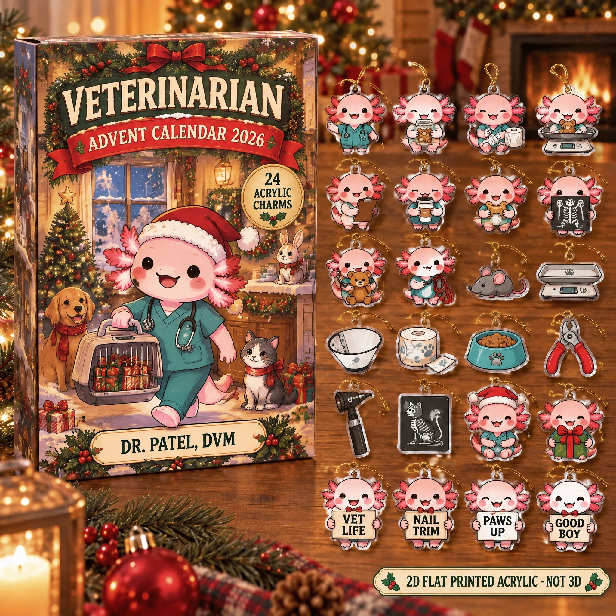 Personalized Veterinarian Axolotl advent calendar box with 24 flat acrylic Christmas charms