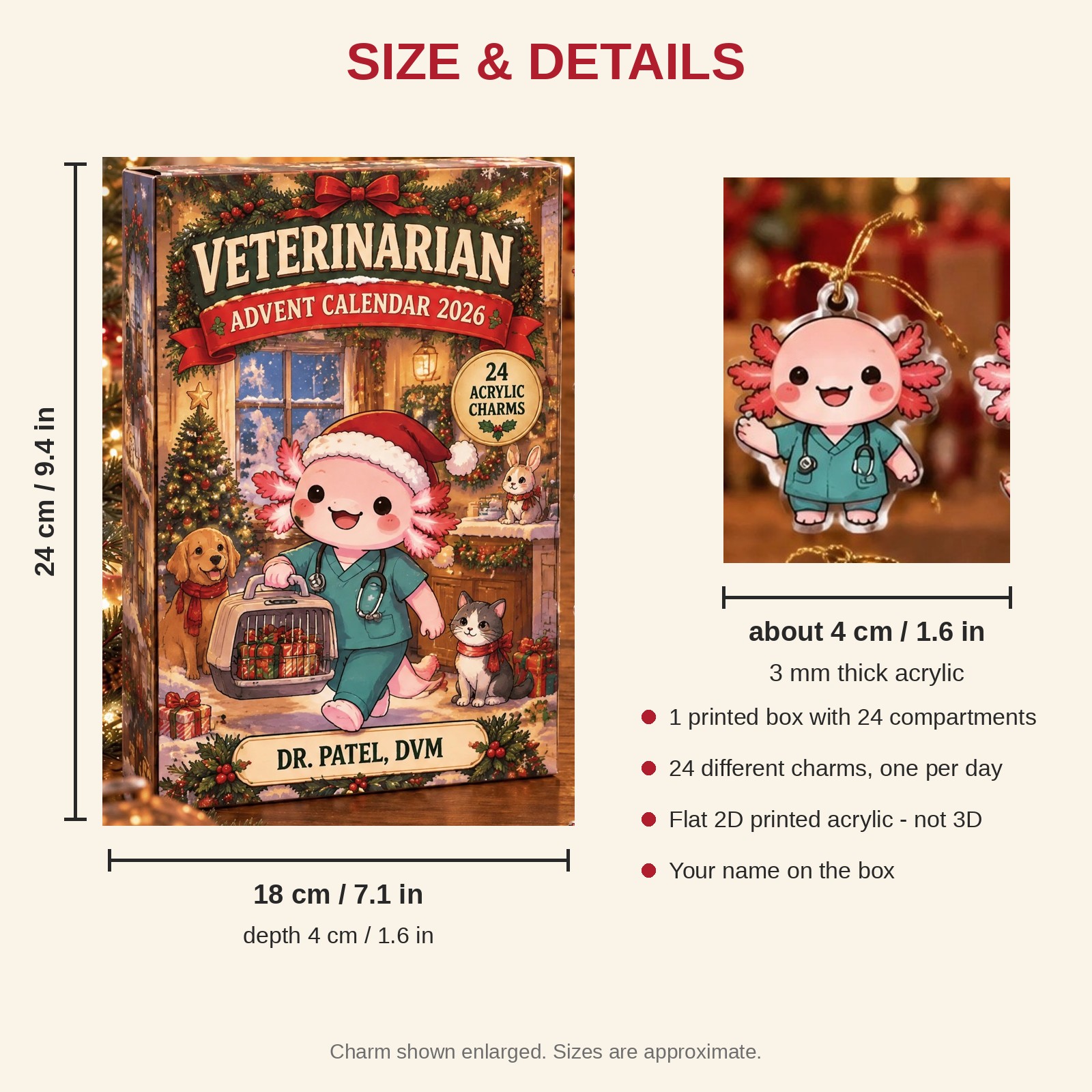 Personalized Veterinarian Axolotl advent calendar box with 24 flat acrylic Christmas charms: box and charm sizes