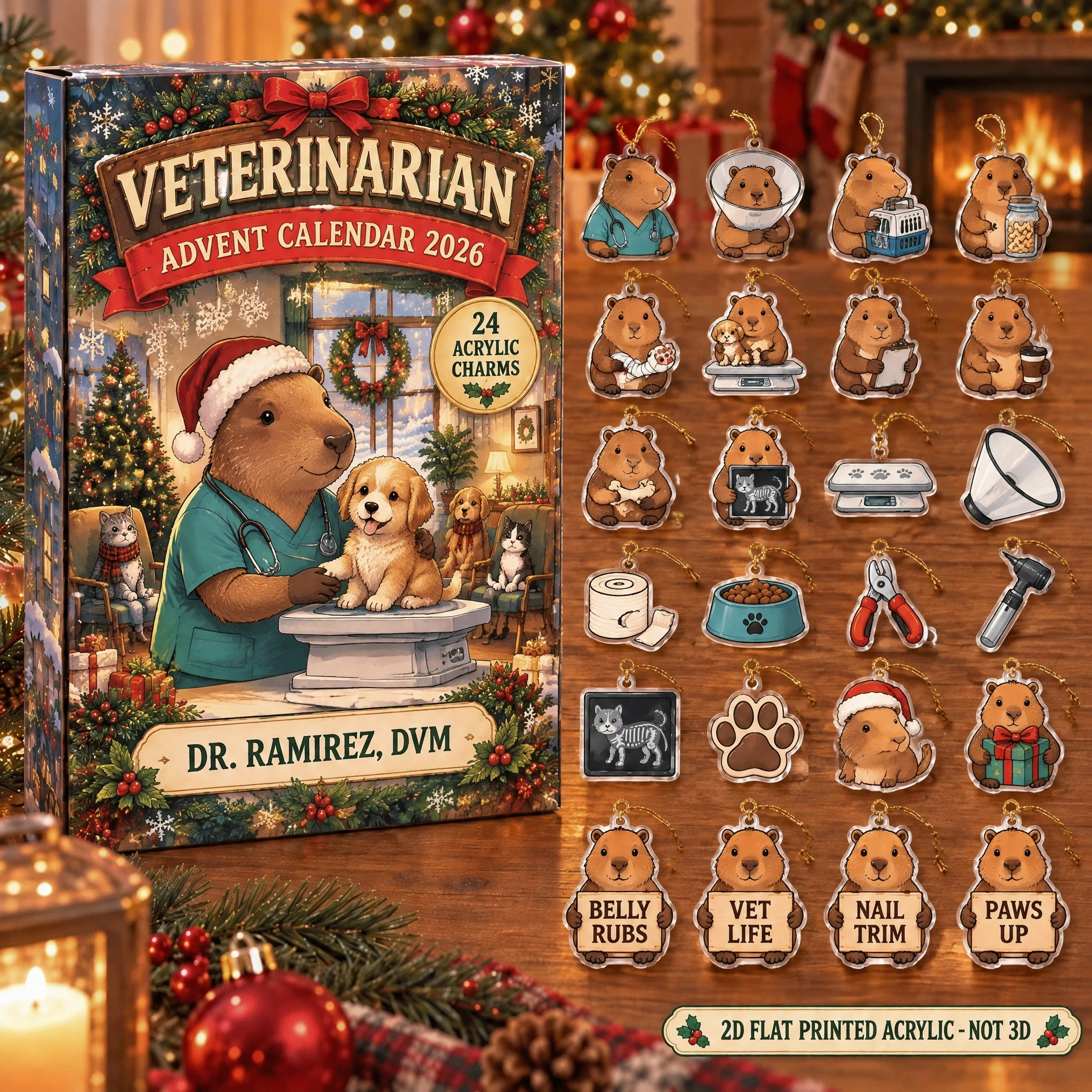 Personalized Veterinarian Capybara advent calendar box with 24 flat acrylic Christmas charms