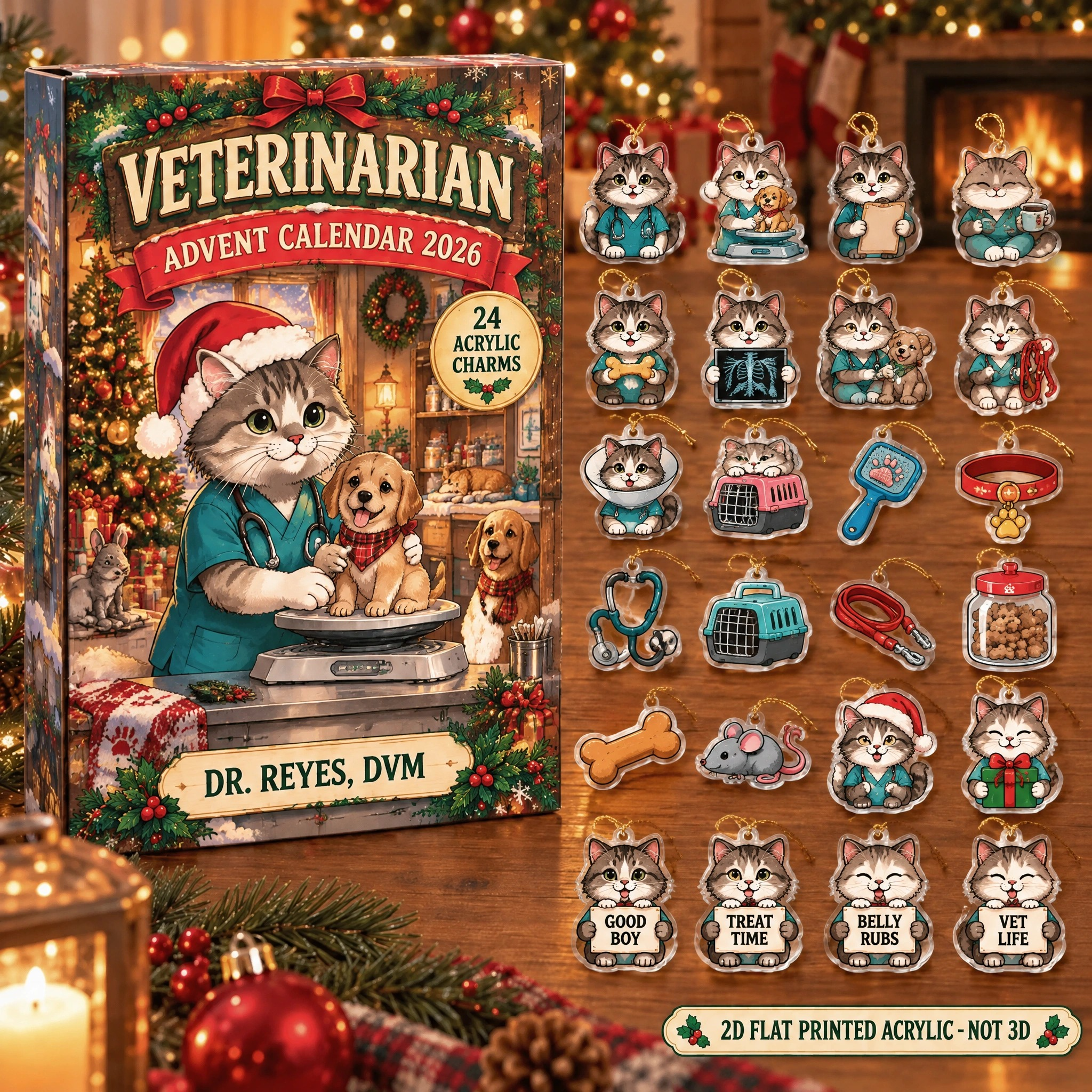 Personalized Veterinarian Cat advent calendar box with 24 flat acrylic Christmas charms