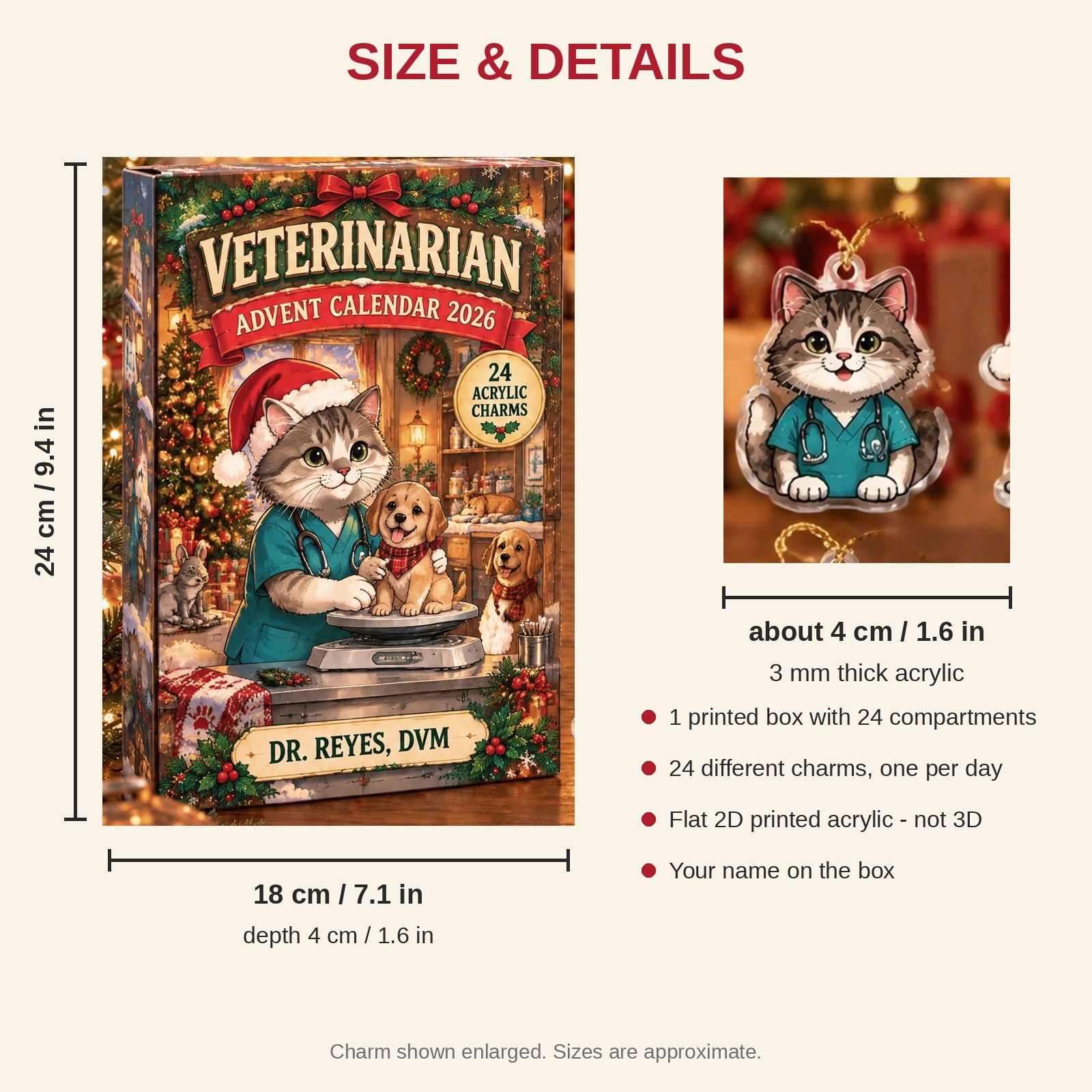 Personalized Veterinarian Cat advent calendar box with 24 flat acrylic Christmas charms: box and charm sizes