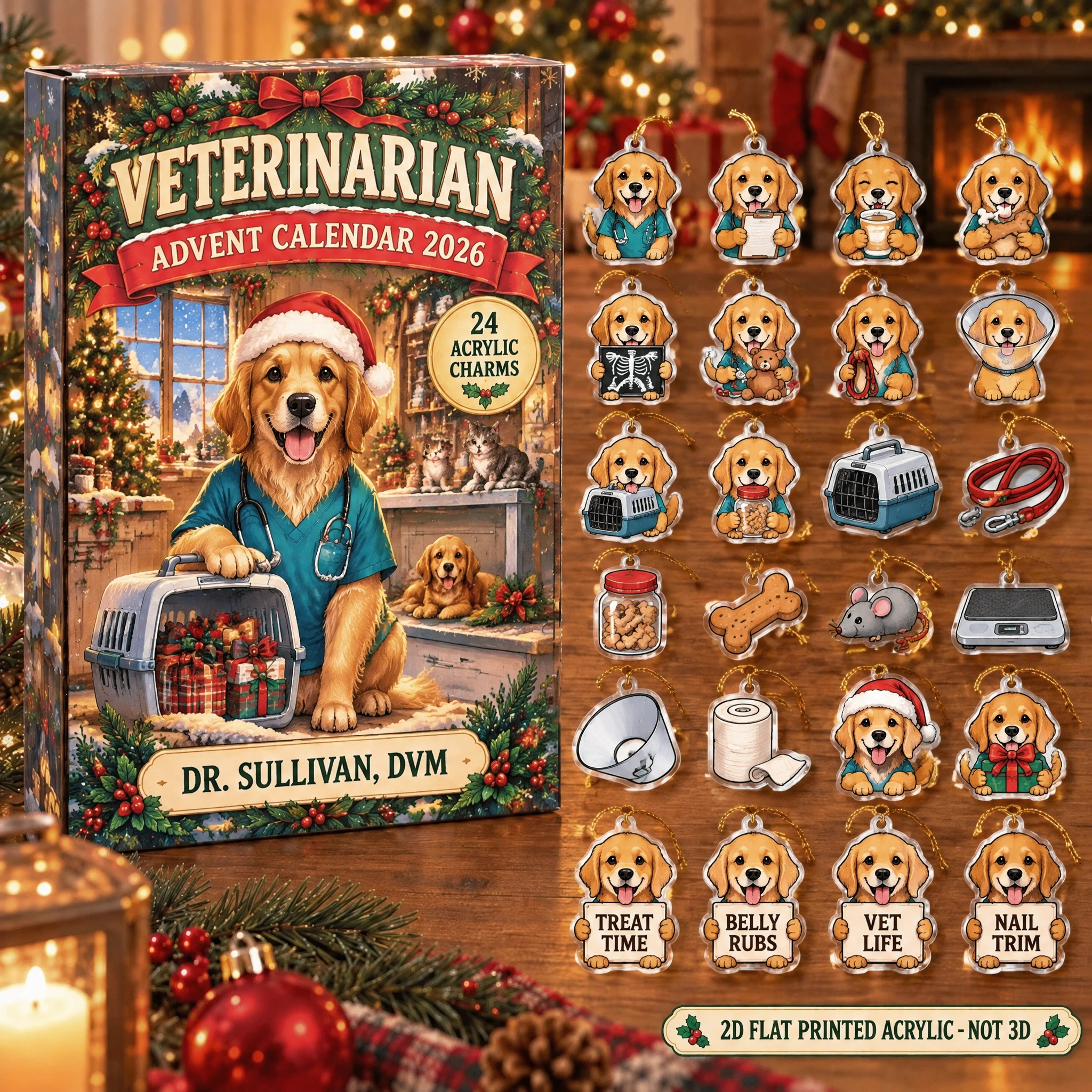 Personalized Veterinarian Dog advent calendar box with 24 flat acrylic Christmas charms