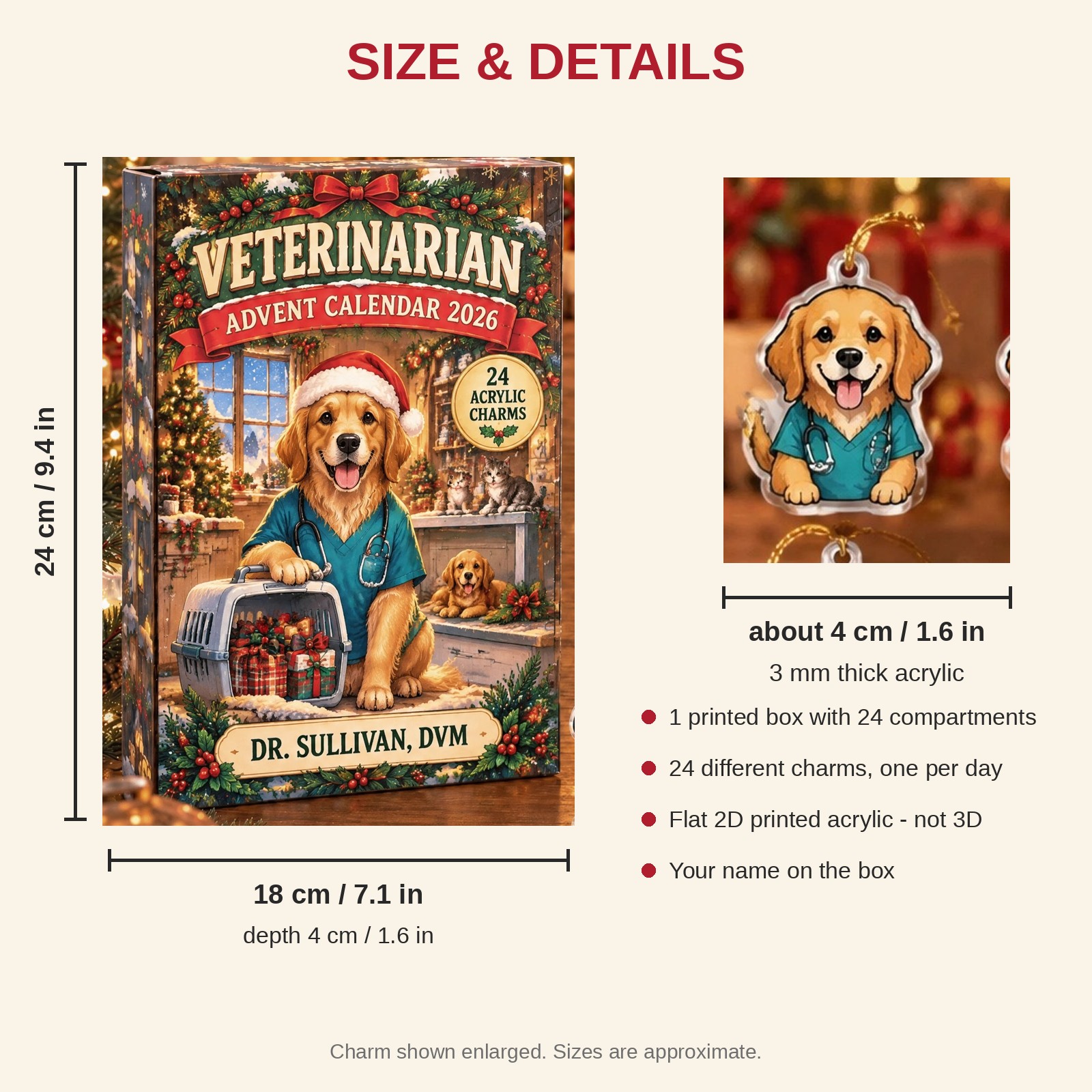 Personalized Veterinarian Dog advent calendar box with 24 flat acrylic Christmas charms: box and charm sizes