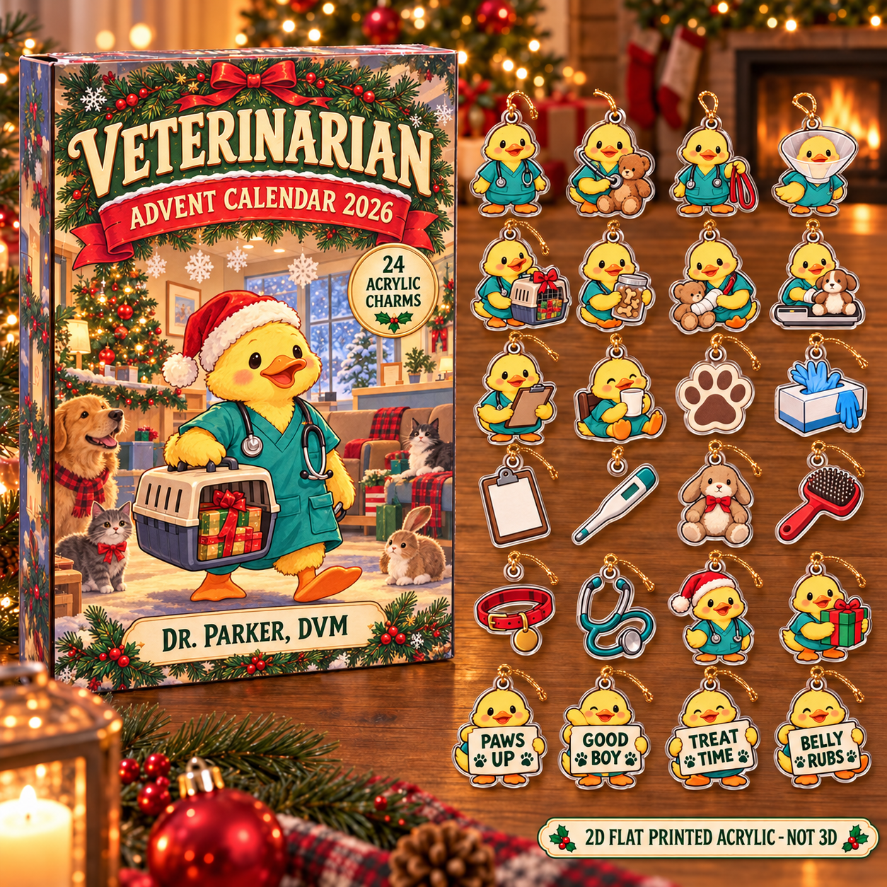 Personalized Veterinarian Duck advent calendar box with 24 flat acrylic Christmas charms