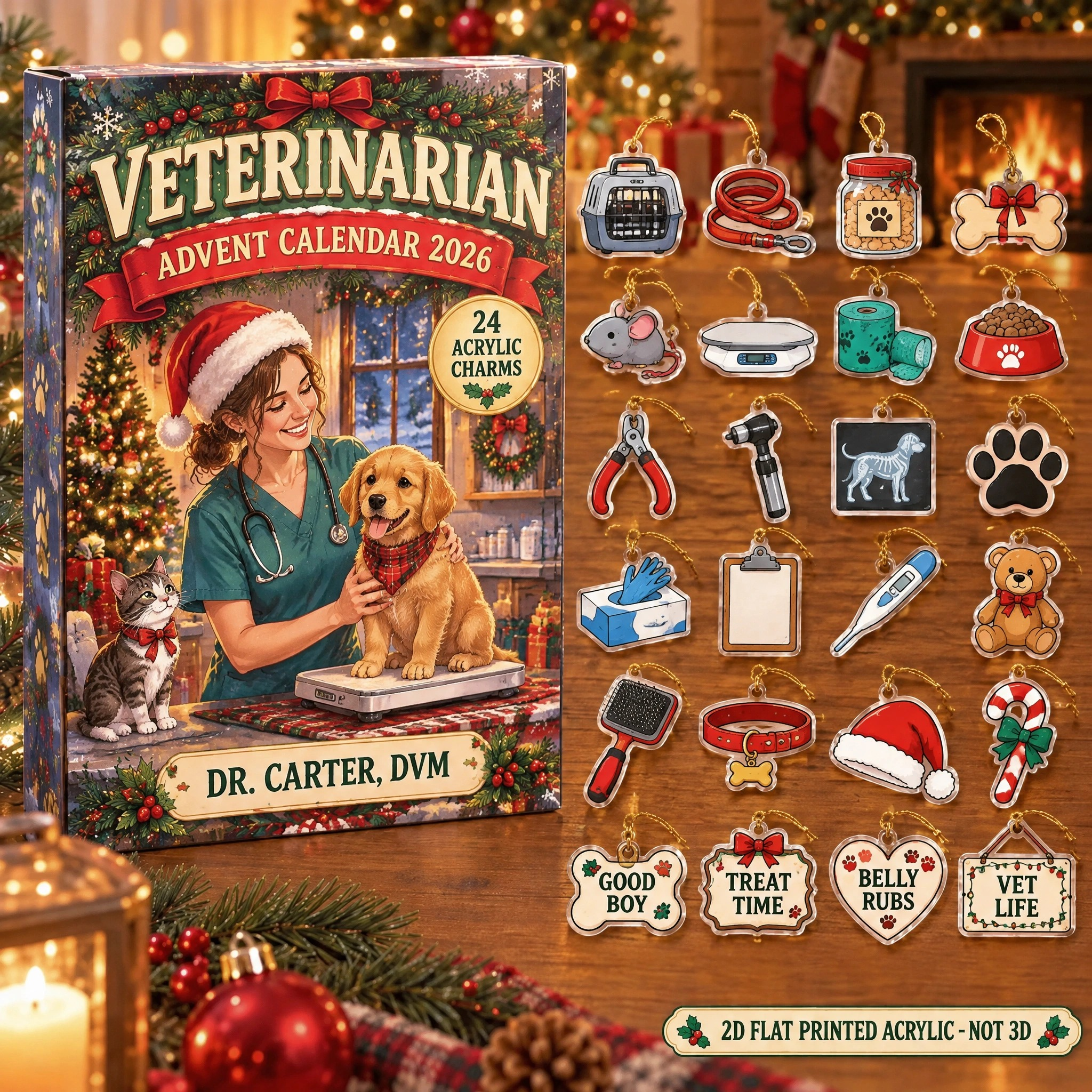 Personalized Veterinarian Essentials advent calendar box with 24 flat acrylic Christmas charms
