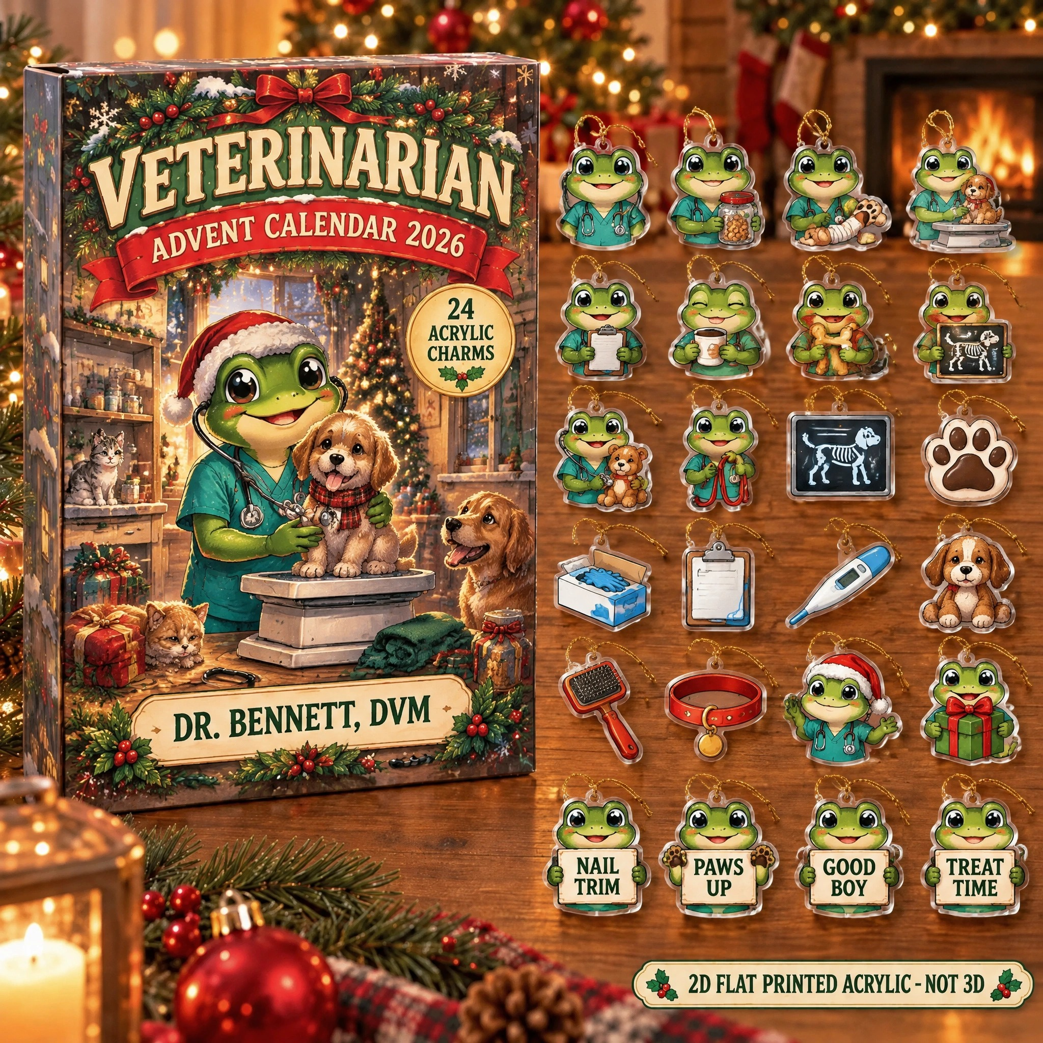 Personalized Veterinarian Frog advent calendar box with 24 flat acrylic Christmas charms