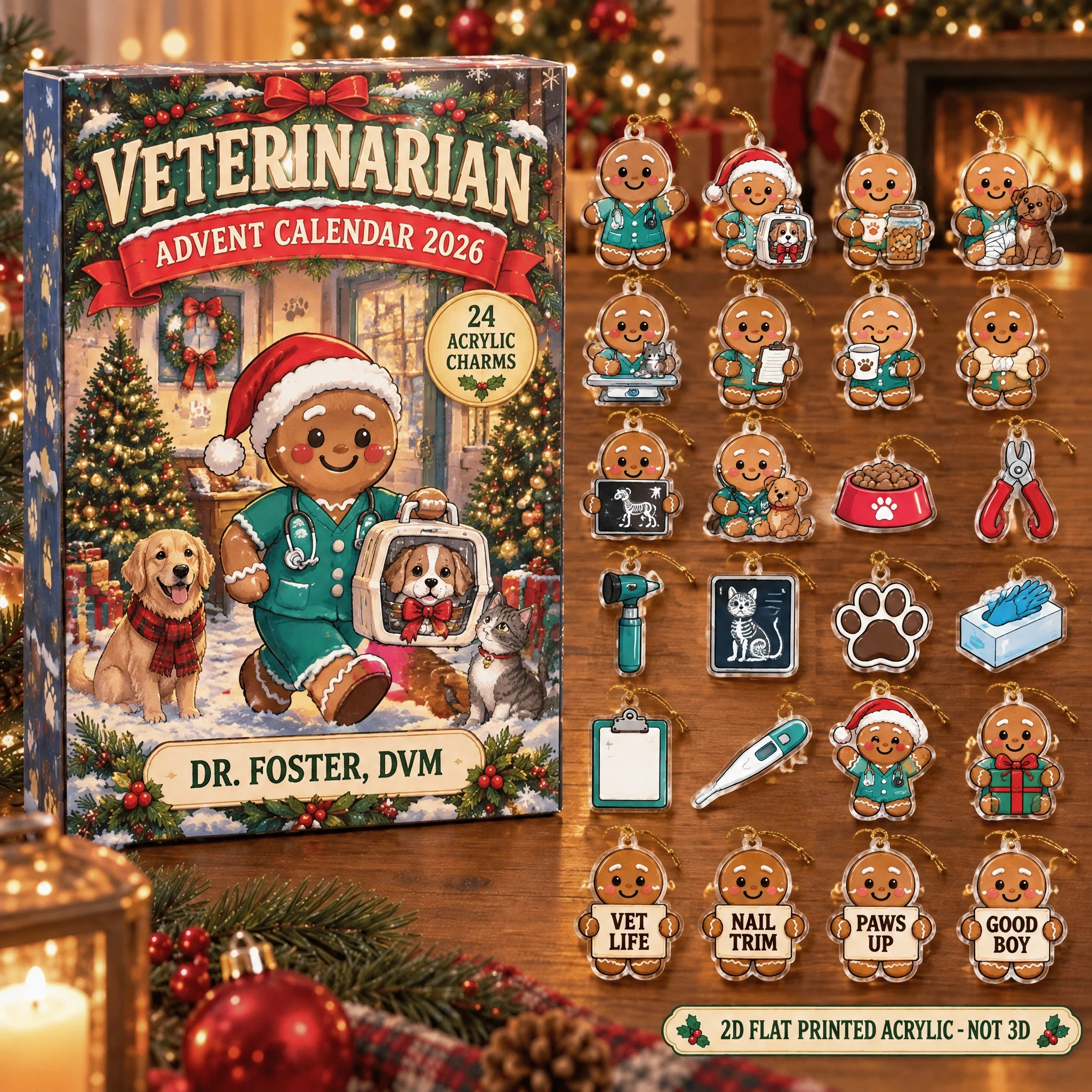 Personalized Gingerbread Veterinarian advent calendar box with 24 flat acrylic Christmas charms