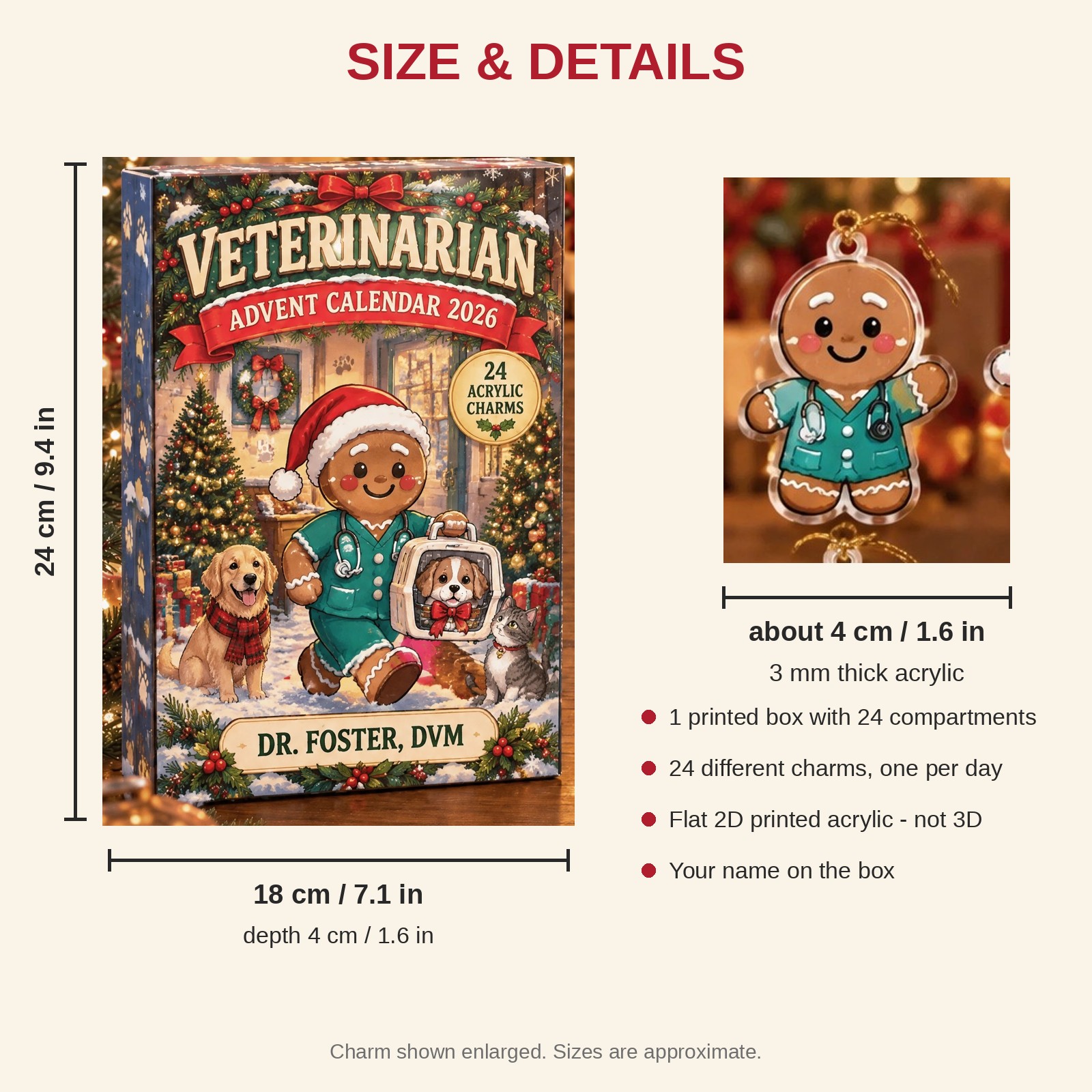 Personalized Gingerbread Veterinarian advent calendar box with 24 flat acrylic Christmas charms: box and charm sizes
