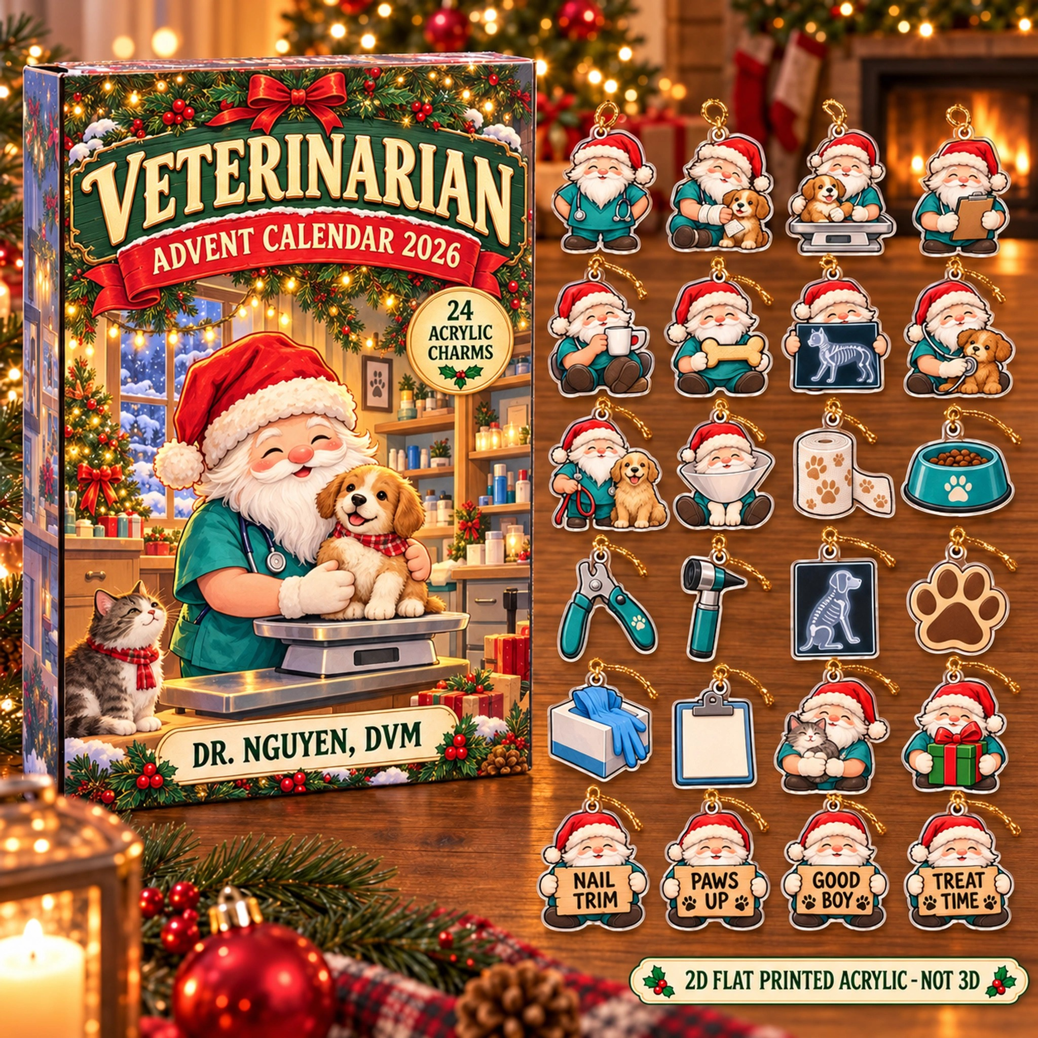 Personalized Veterinarian Gnome advent calendar box with 24 flat acrylic Christmas charms