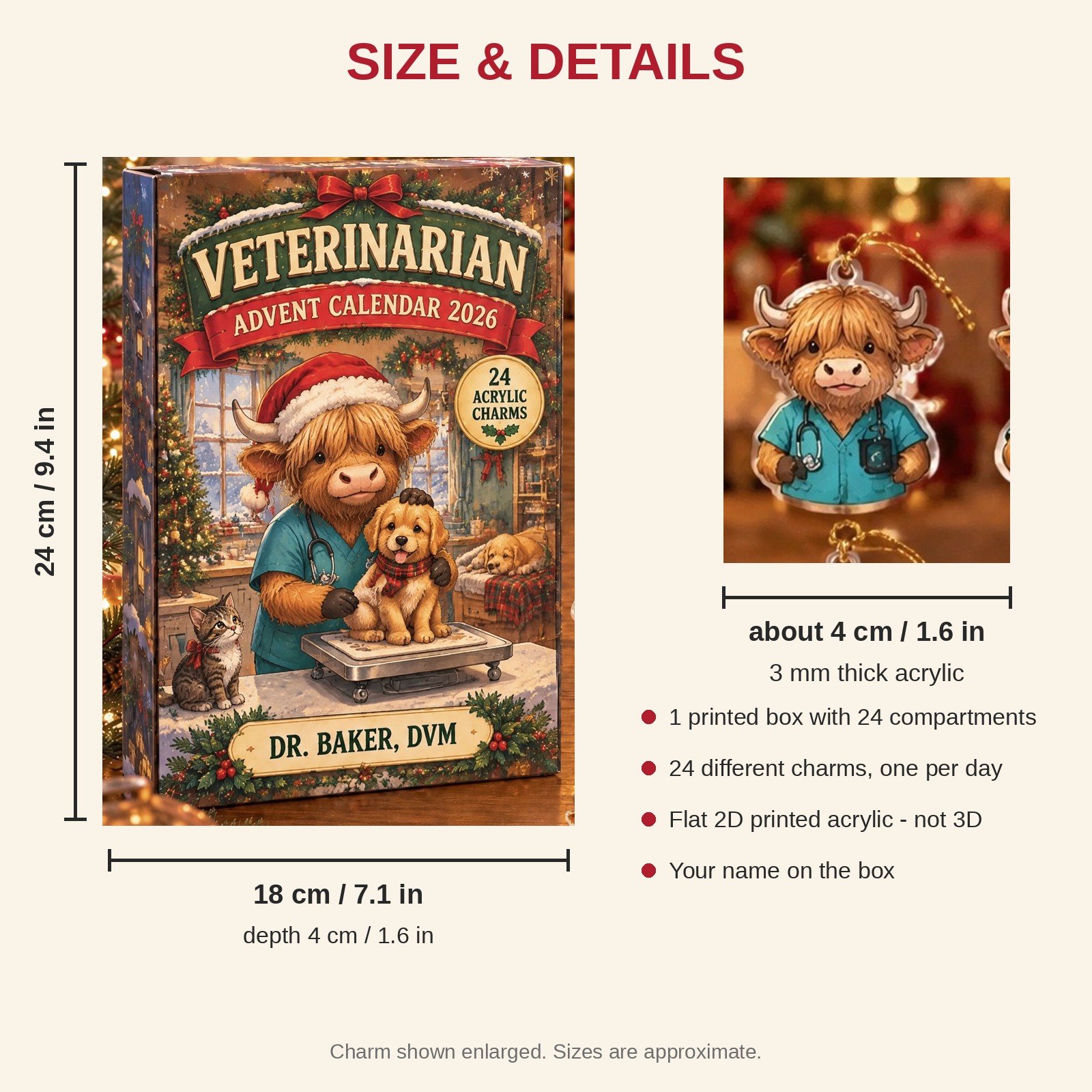 Personalized Veterinarian Highland Cow advent calendar box with 24 flat acrylic Christmas charms: box and charm sizes