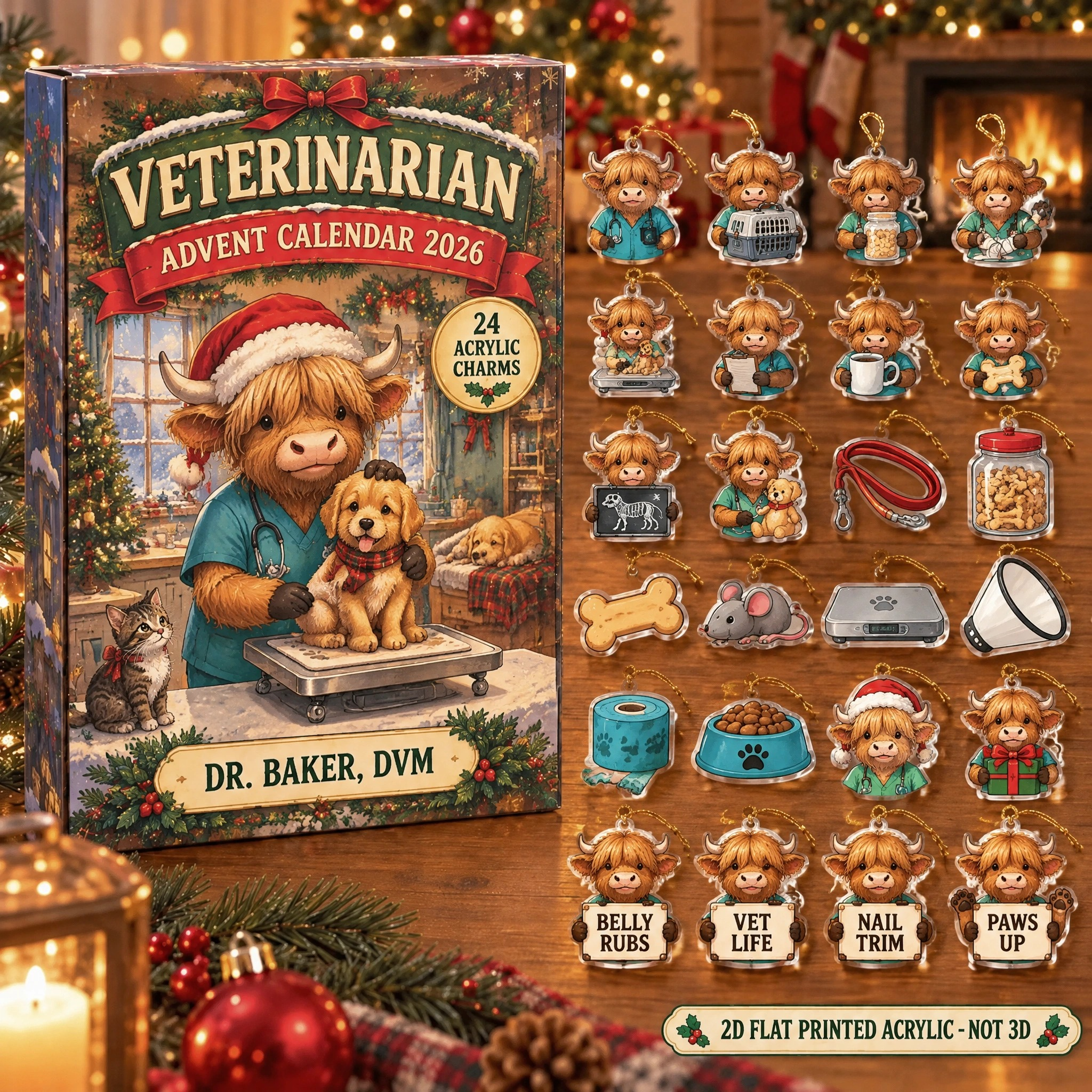 Personalized Veterinarian Highland Cow advent calendar box with 24 flat acrylic Christmas charms