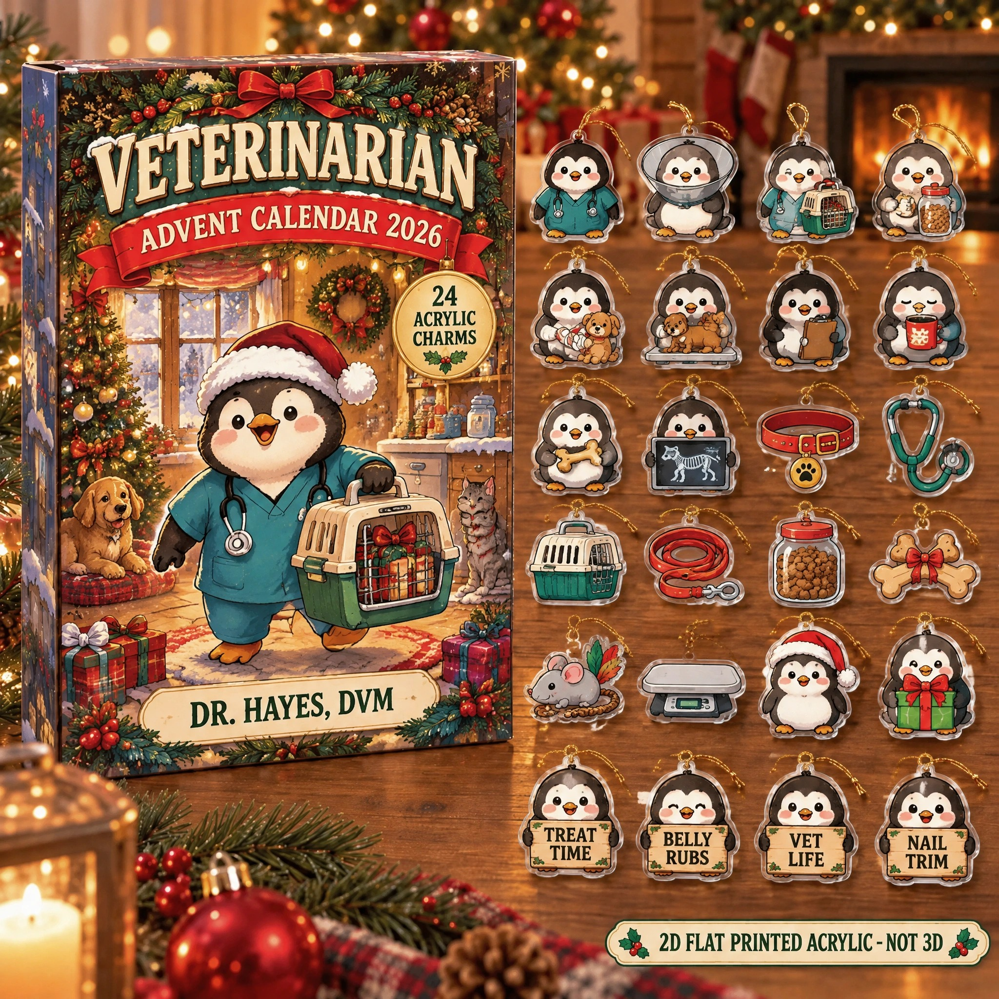 Personalized Veterinarian Penguin advent calendar box with 24 flat acrylic Christmas charms