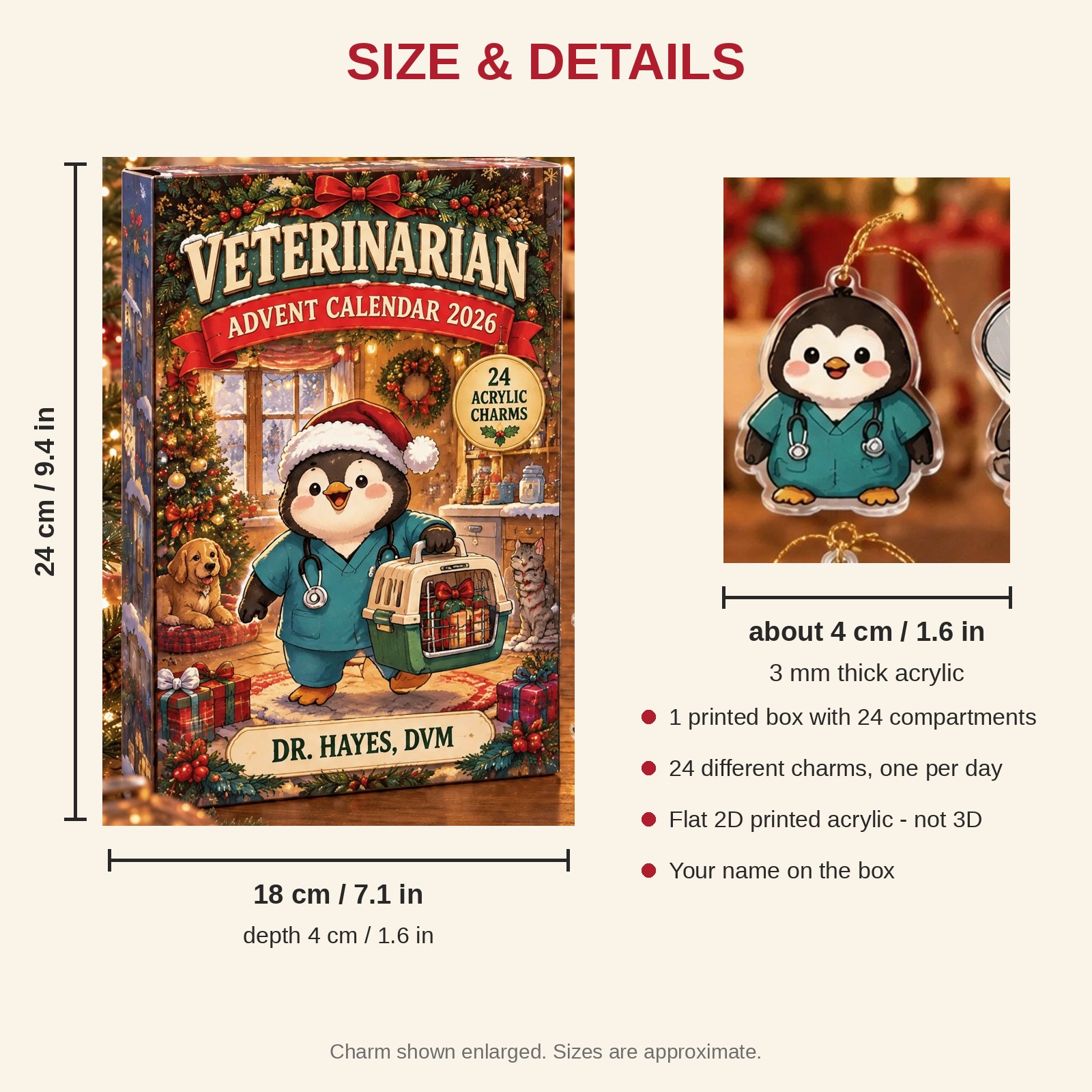 Personalized Veterinarian Penguin advent calendar box with 24 flat acrylic Christmas charms: box and charm sizes