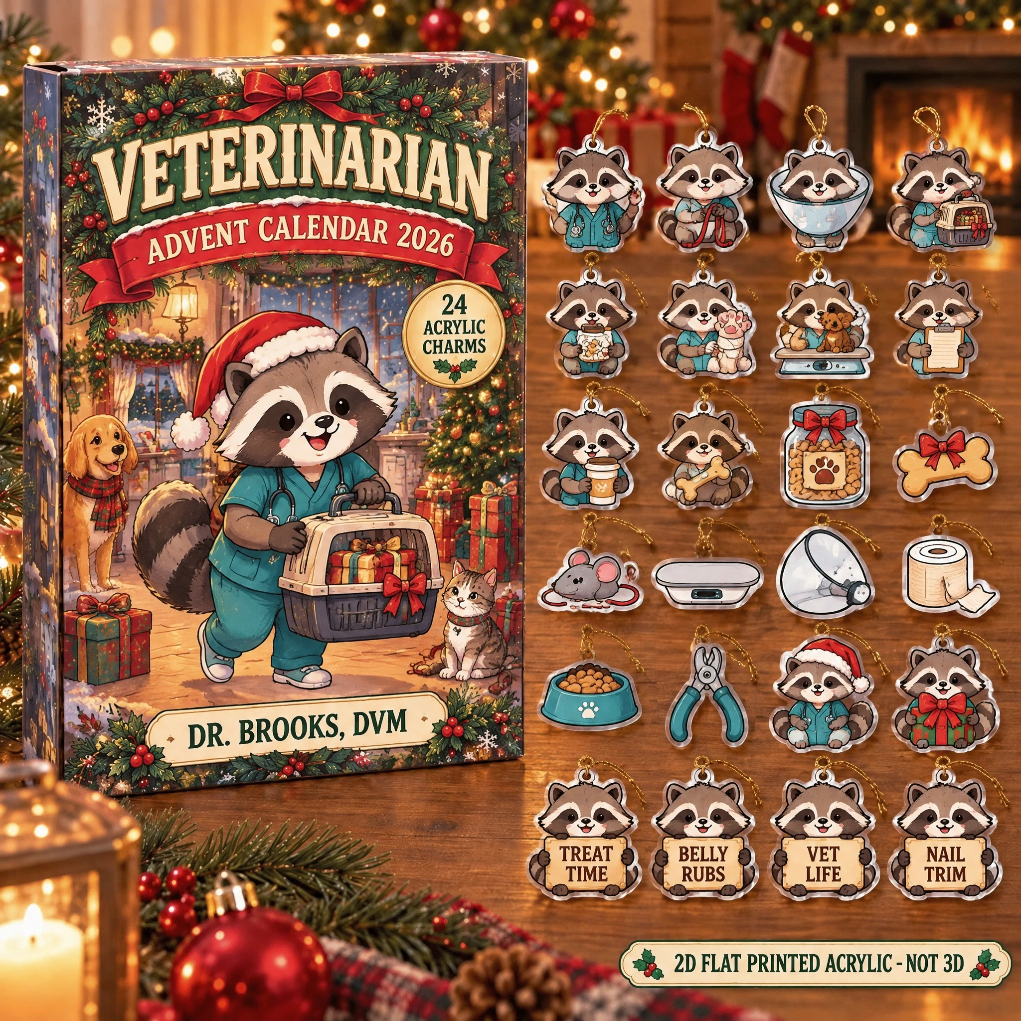 Personalized Veterinarian Raccoon advent calendar box with 24 flat acrylic Christmas charms