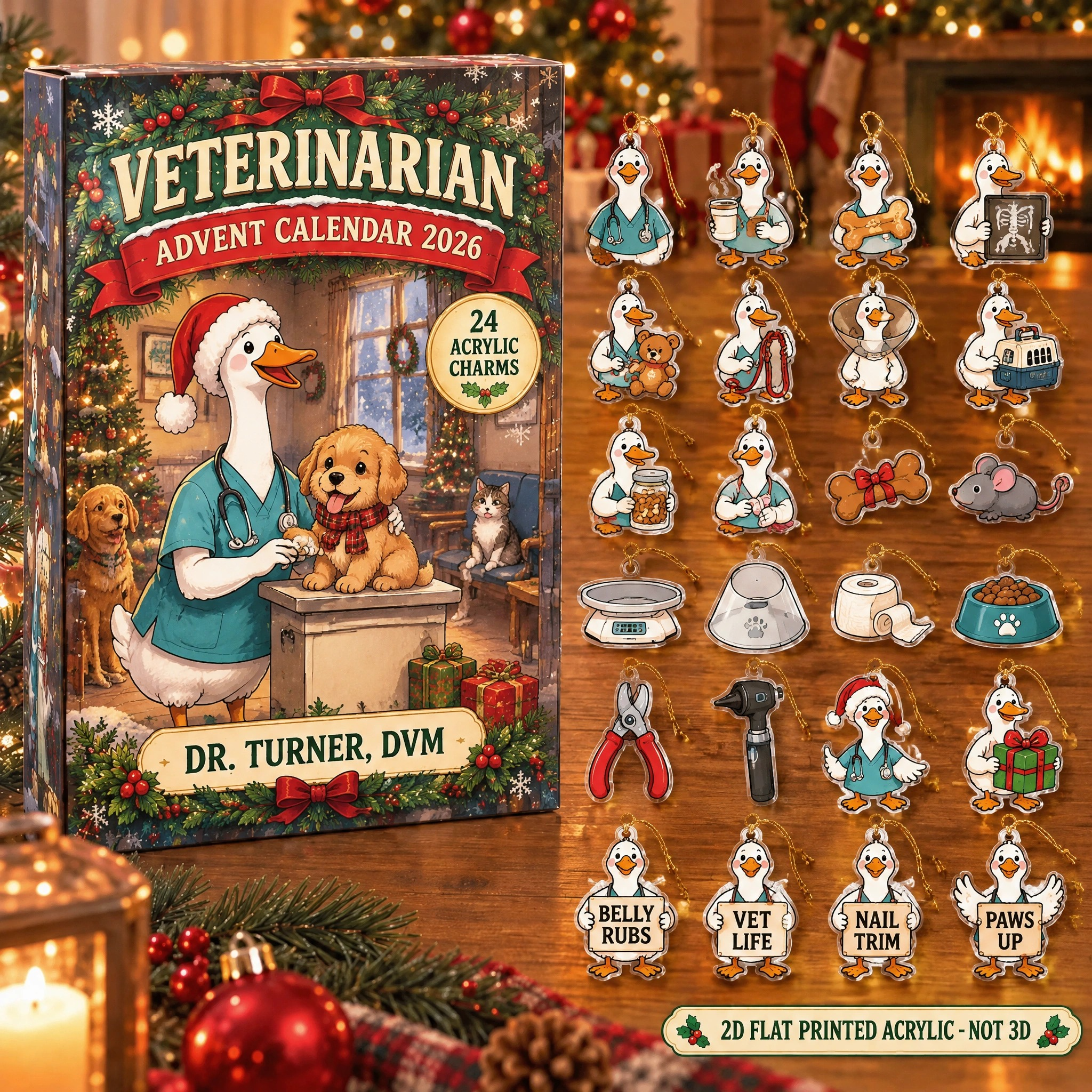 Personalized Veterinarian Silly Goose advent calendar box with 24 flat acrylic Christmas charms