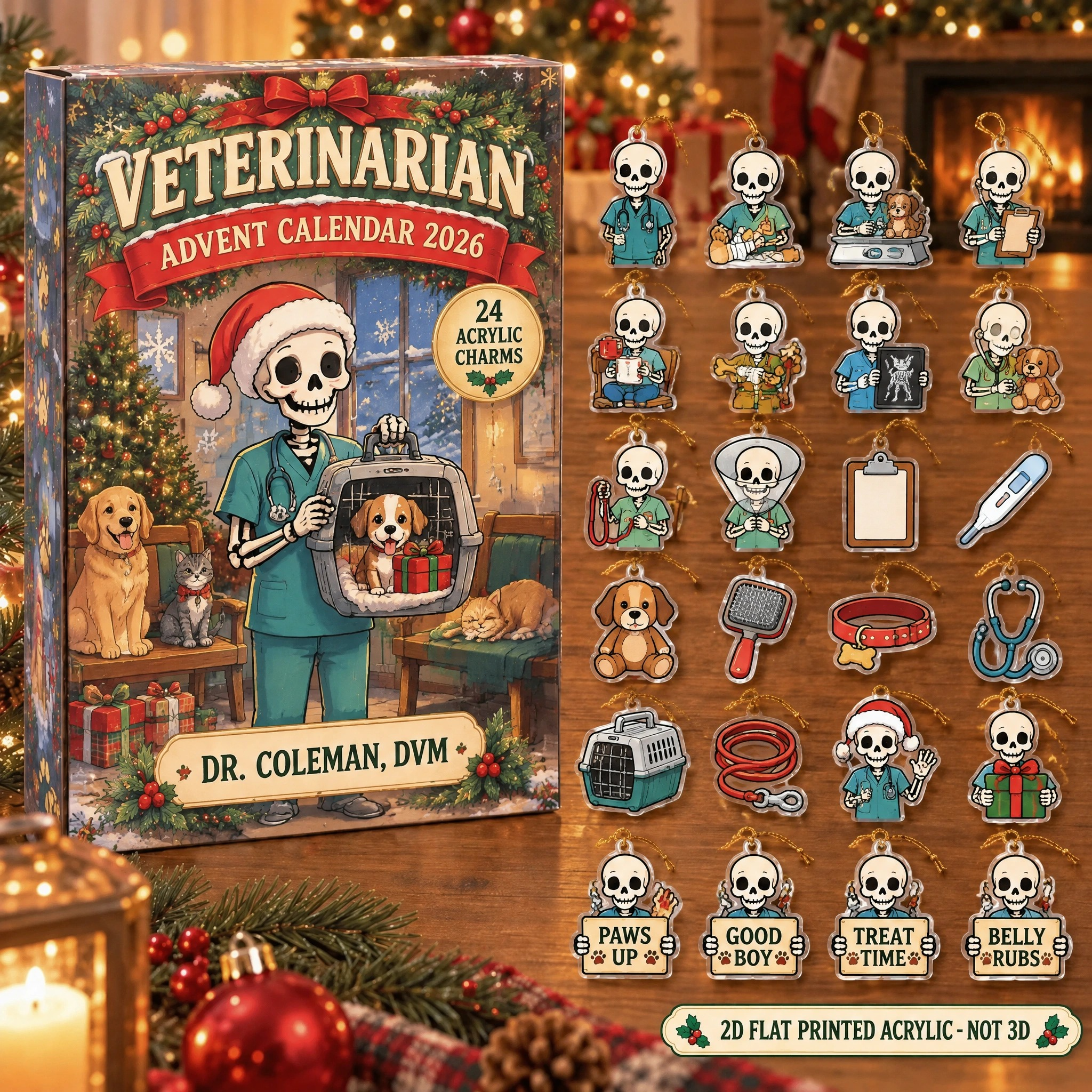Personalized Veterinarian Skeleton advent calendar box with 24 flat acrylic Christmas charms