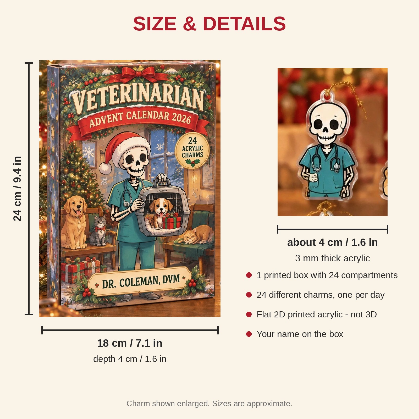 Personalized Veterinarian Skeleton advent calendar box with 24 flat acrylic Christmas charms: box and charm sizes