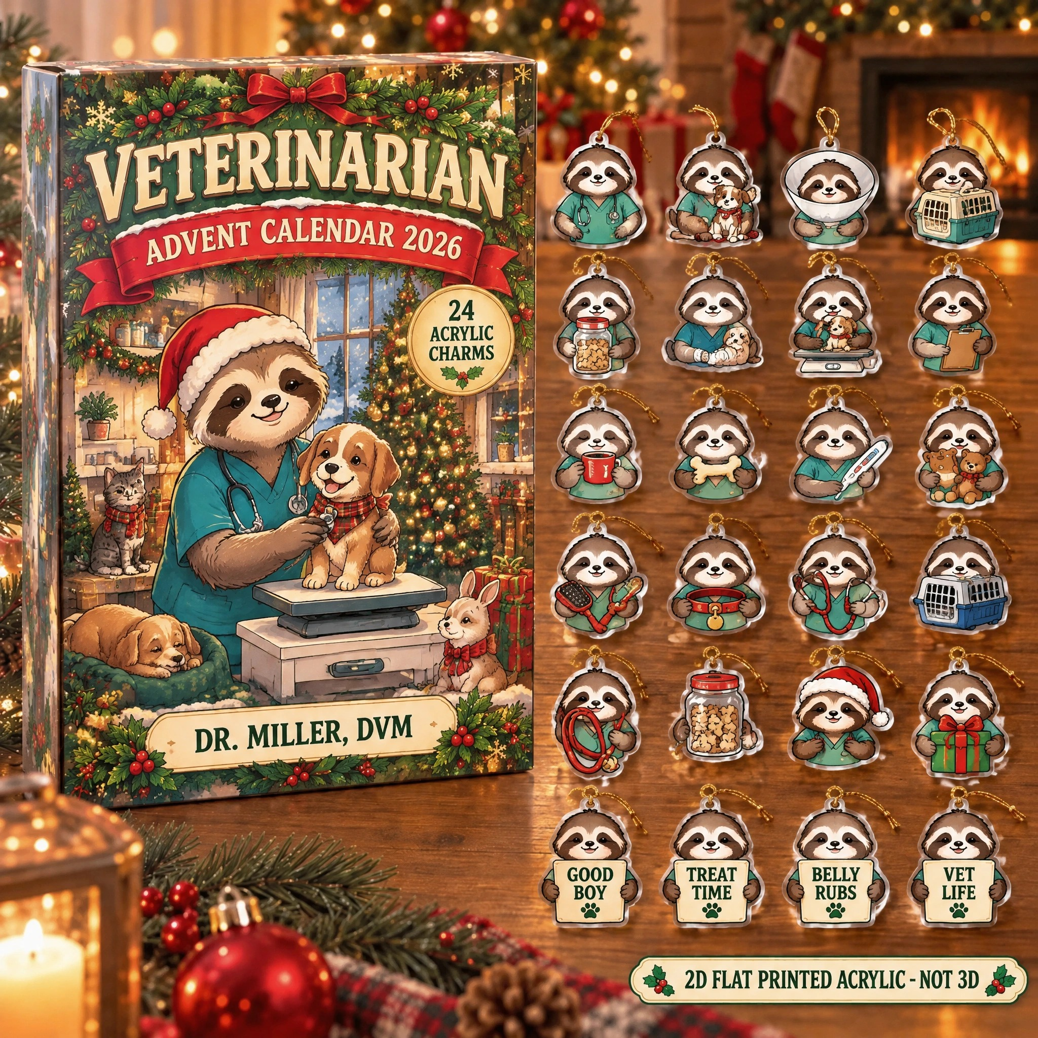 Personalized Veterinarian Sloth advent calendar box with 24 flat acrylic Christmas charms