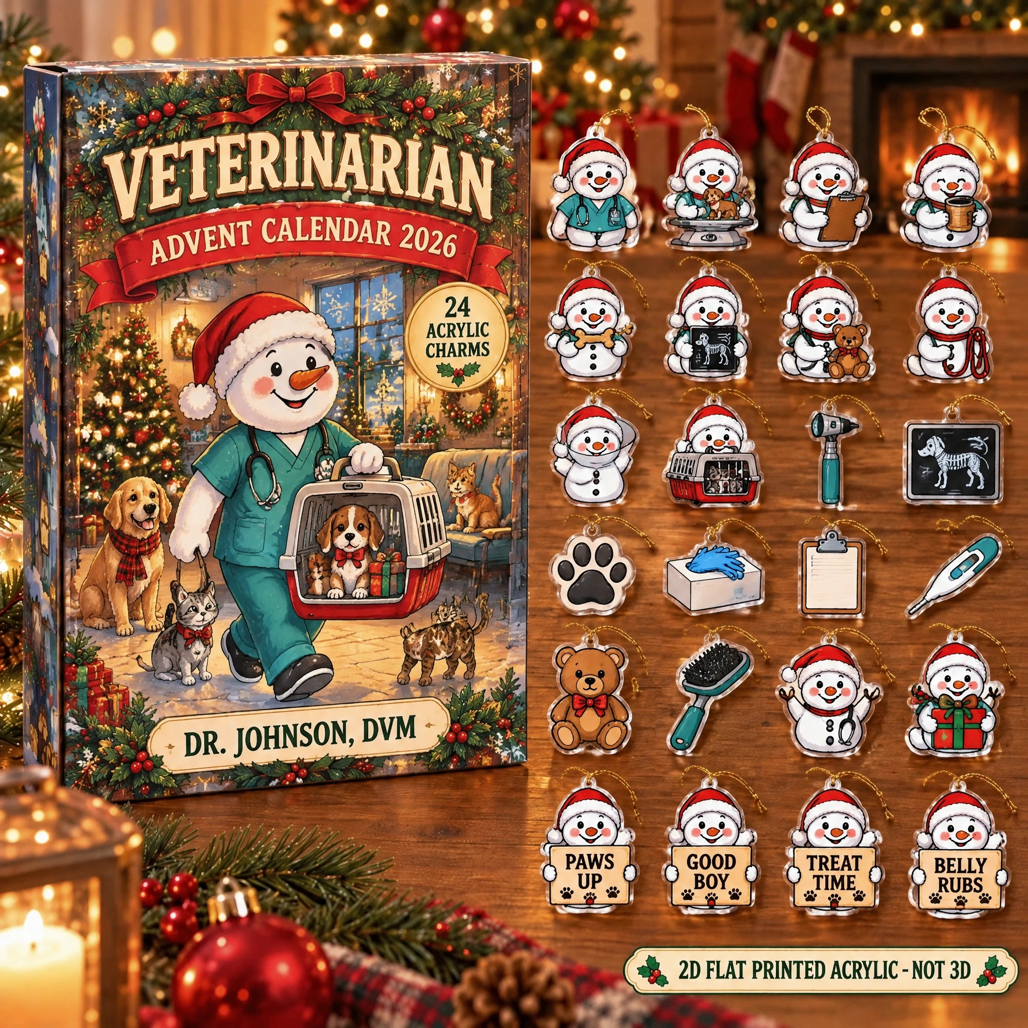 Personalized Veterinarian Snowman advent calendar box with 24 flat acrylic Christmas charms