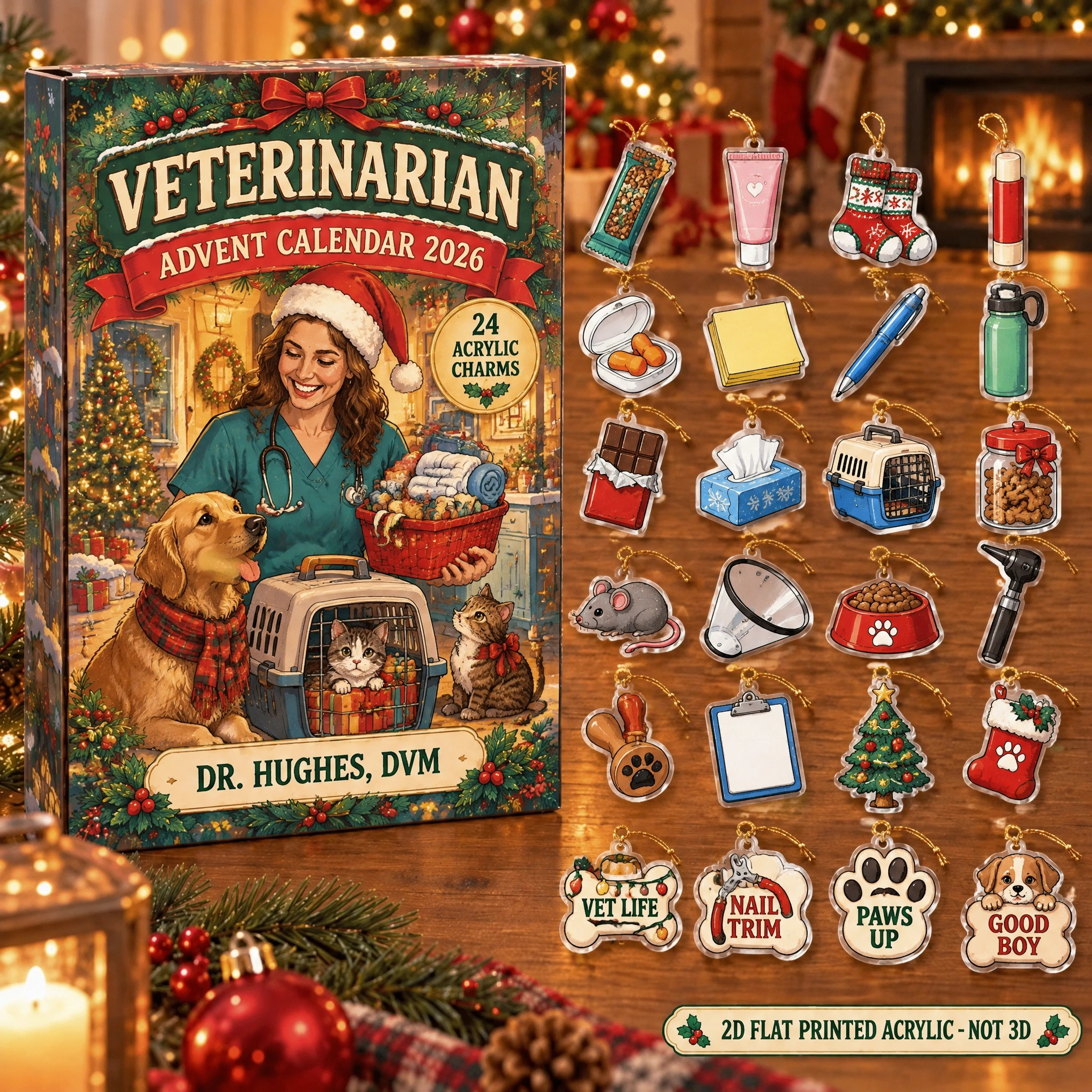 Personalized Veterinarian Survival Kit advent calendar box with 24 flat acrylic Christmas charms