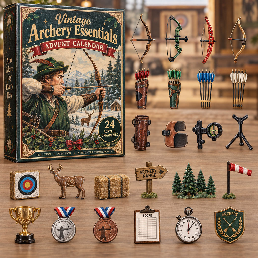 Vintage Archery Essentials advent calendar box with 24 acrylic Christmas charms
