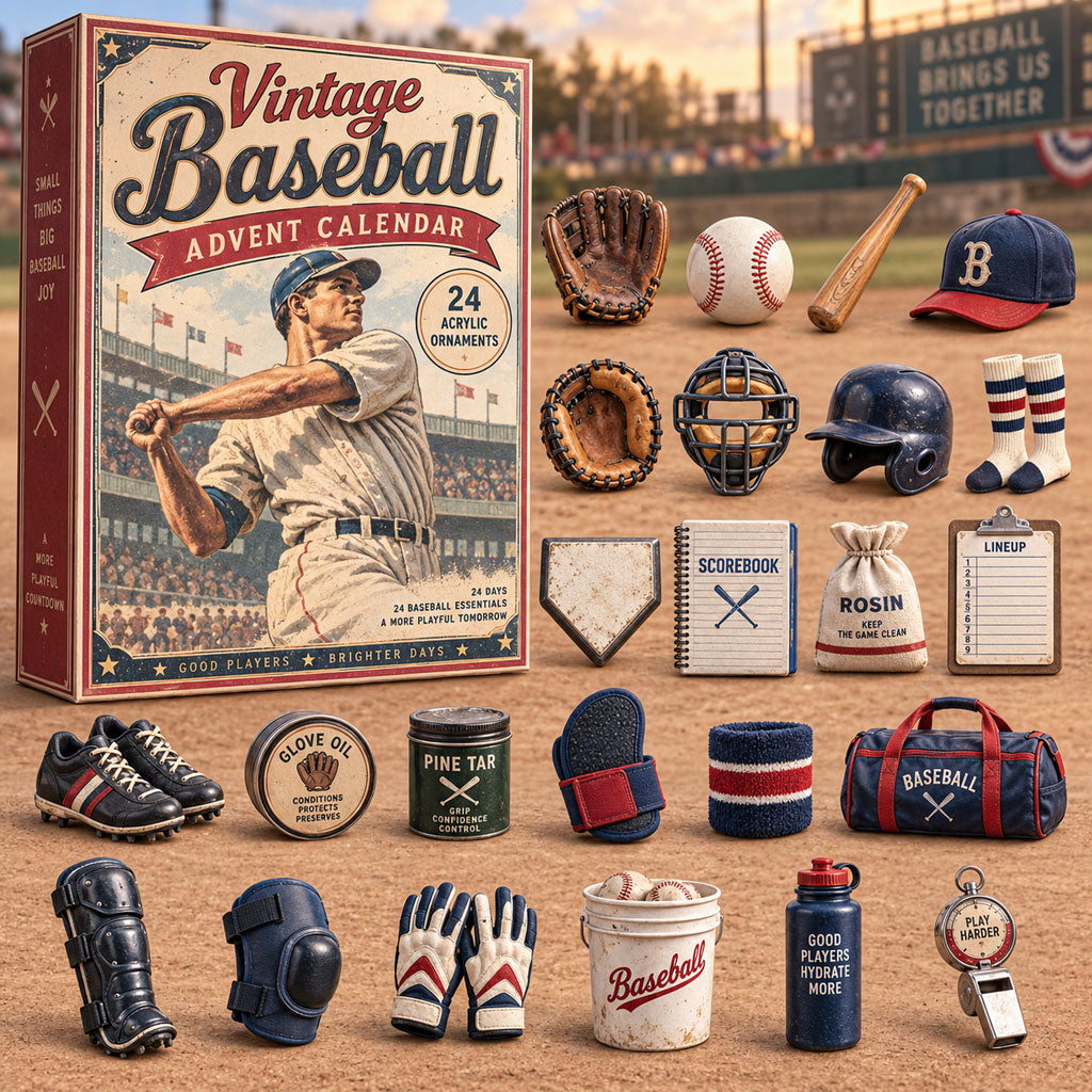 Vintage Baseball advent calendar box with 24 acrylic Christmas charms