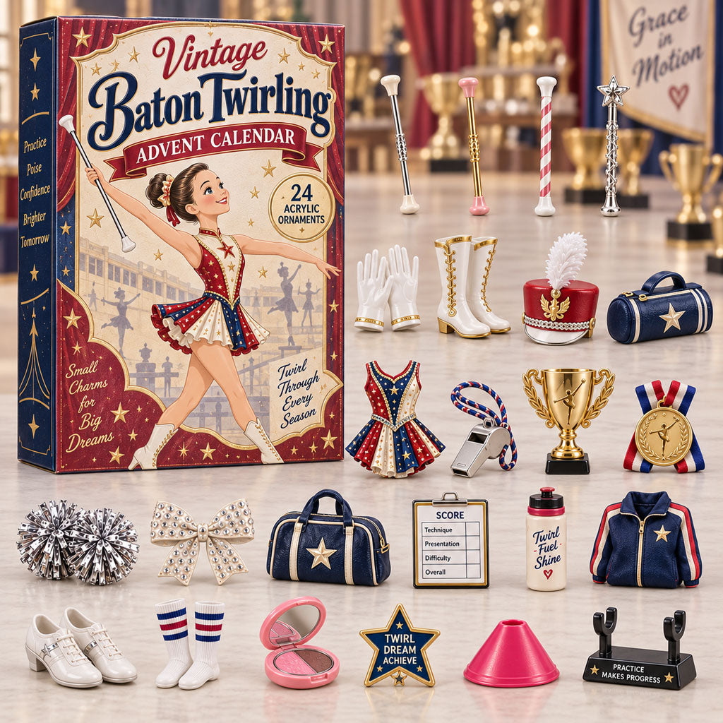Vintage Baton Twirling advent calendar box with 24 acrylic Christmas charms