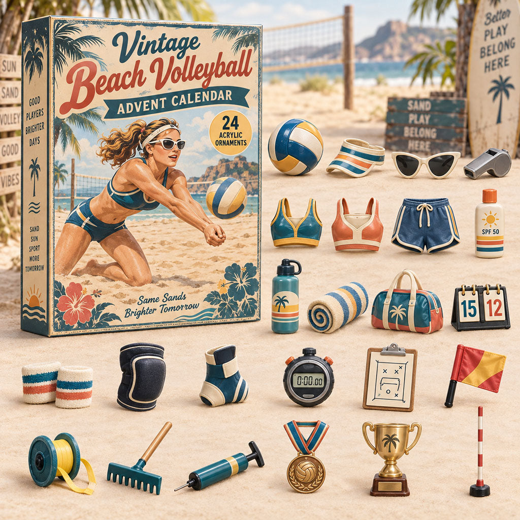 Vintage Beach Volleyball advent calendar box with 24 acrylic Christmas charms