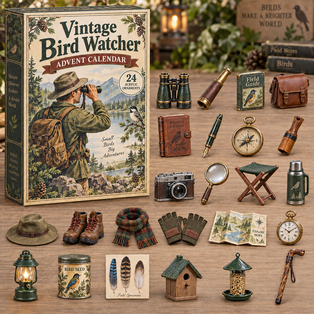 Vintage Bird Watcher advent calendar box with 24 acrylic Christmas charms
