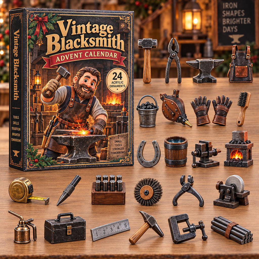 Vintage Blacksmith advent calendar box with 24 acrylic Christmas charms
